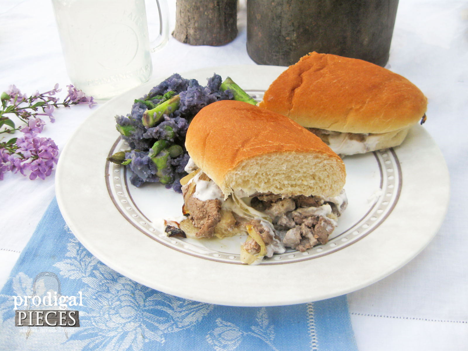 Seared Beef & Goat Cheese Sandwich with Mashed Purple Potatoes and Asparagus | Prodigal Pieces | www.prodigalpieces.com