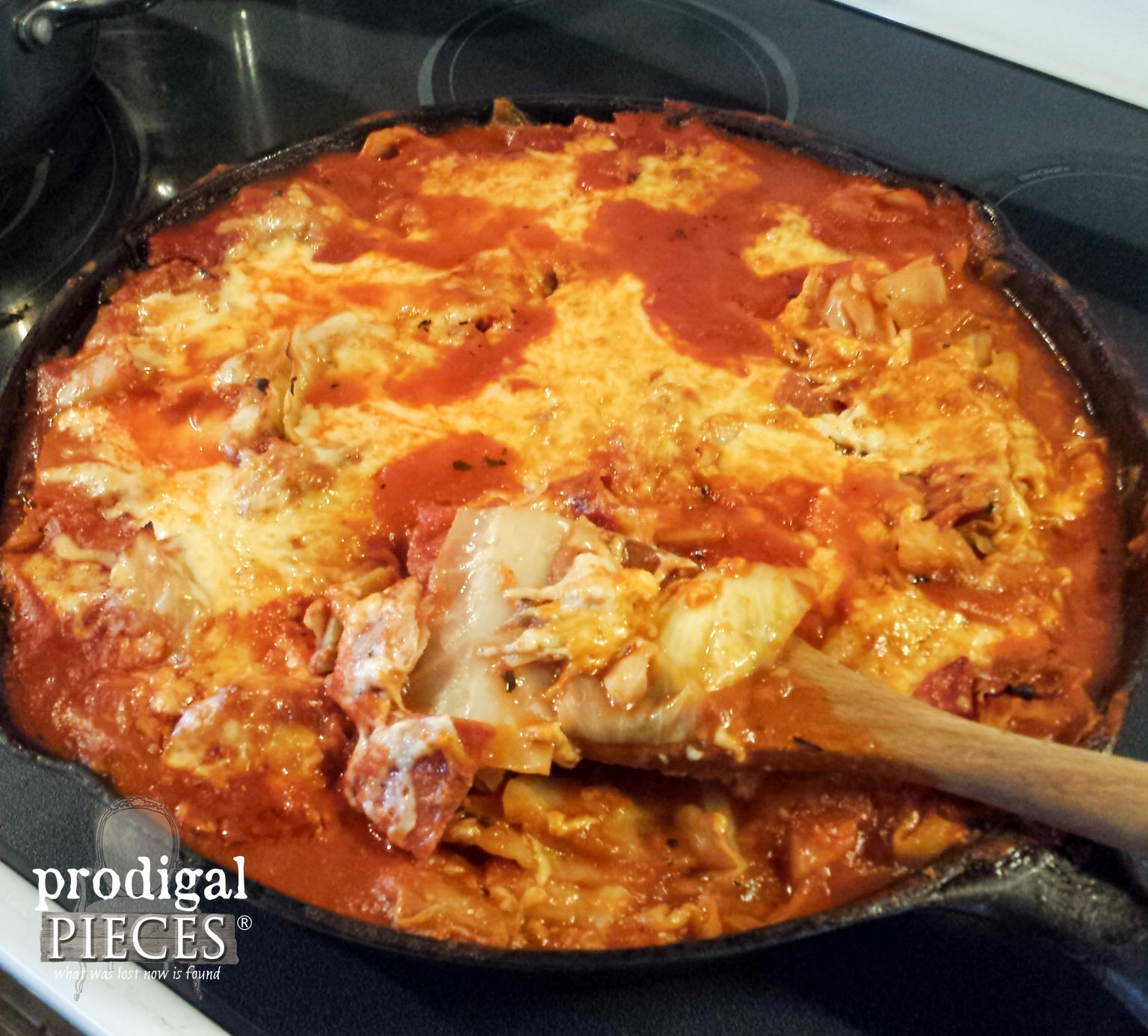 Skillet of Cabbage Pizza (aka Cabbage Lasagna) by Prodigal Pieces | www.prodigalpieces.com