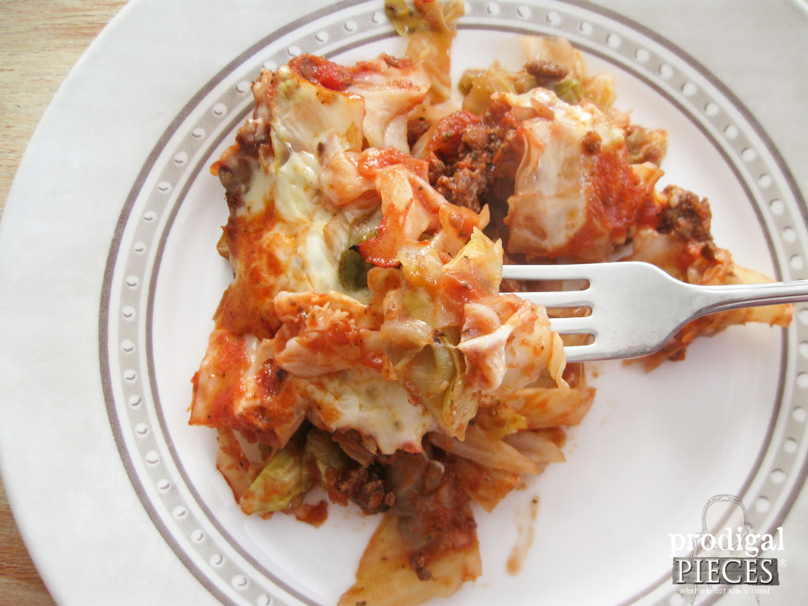 A Plate of Cabbage Skillet Pizza Lasagna by Prodigal Pieces | prodigalpieces.com