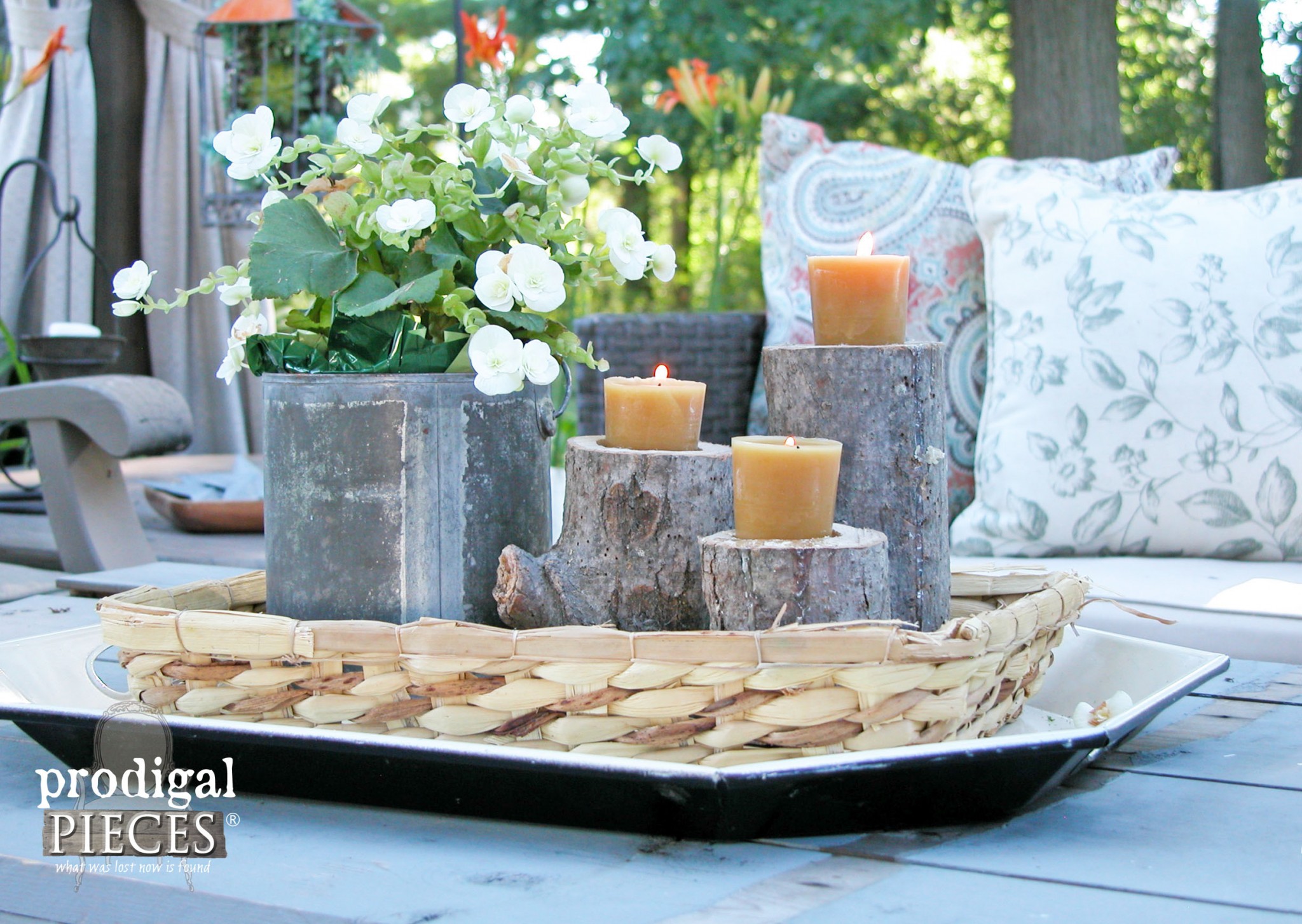 DIY Log Candlesticks on Outdoor Patio Table by Prodigal Pieces | www.prodigalpieces.com