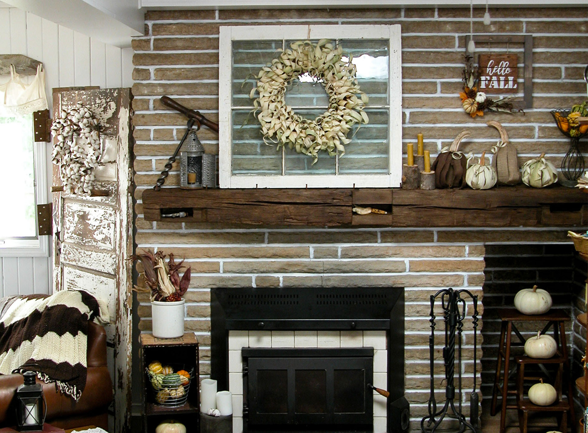 Featured Fall Mantel with Corn Husk Pumpkins and Wreath by Prodigal Pieces | www.prodigalpieces.com
