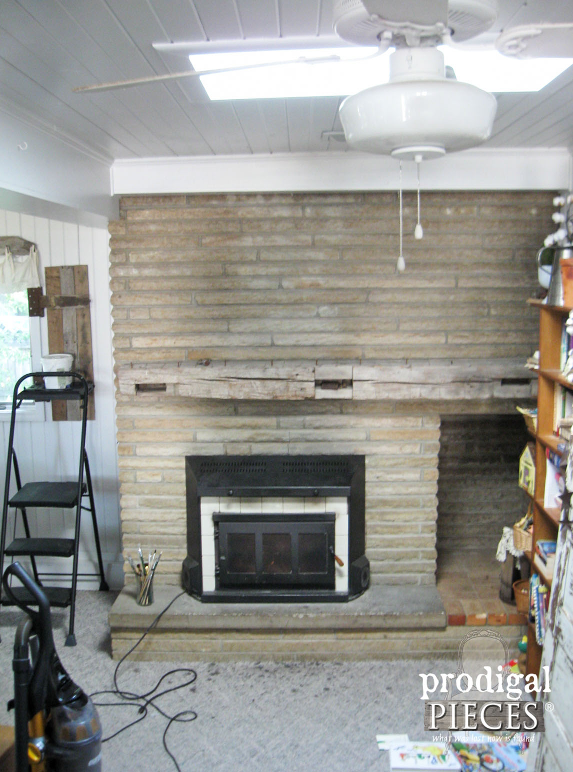 Sandstone Fireplace with Barn Beam Mantel Before | Prodigal Pieces | www.prodigalpieces.com