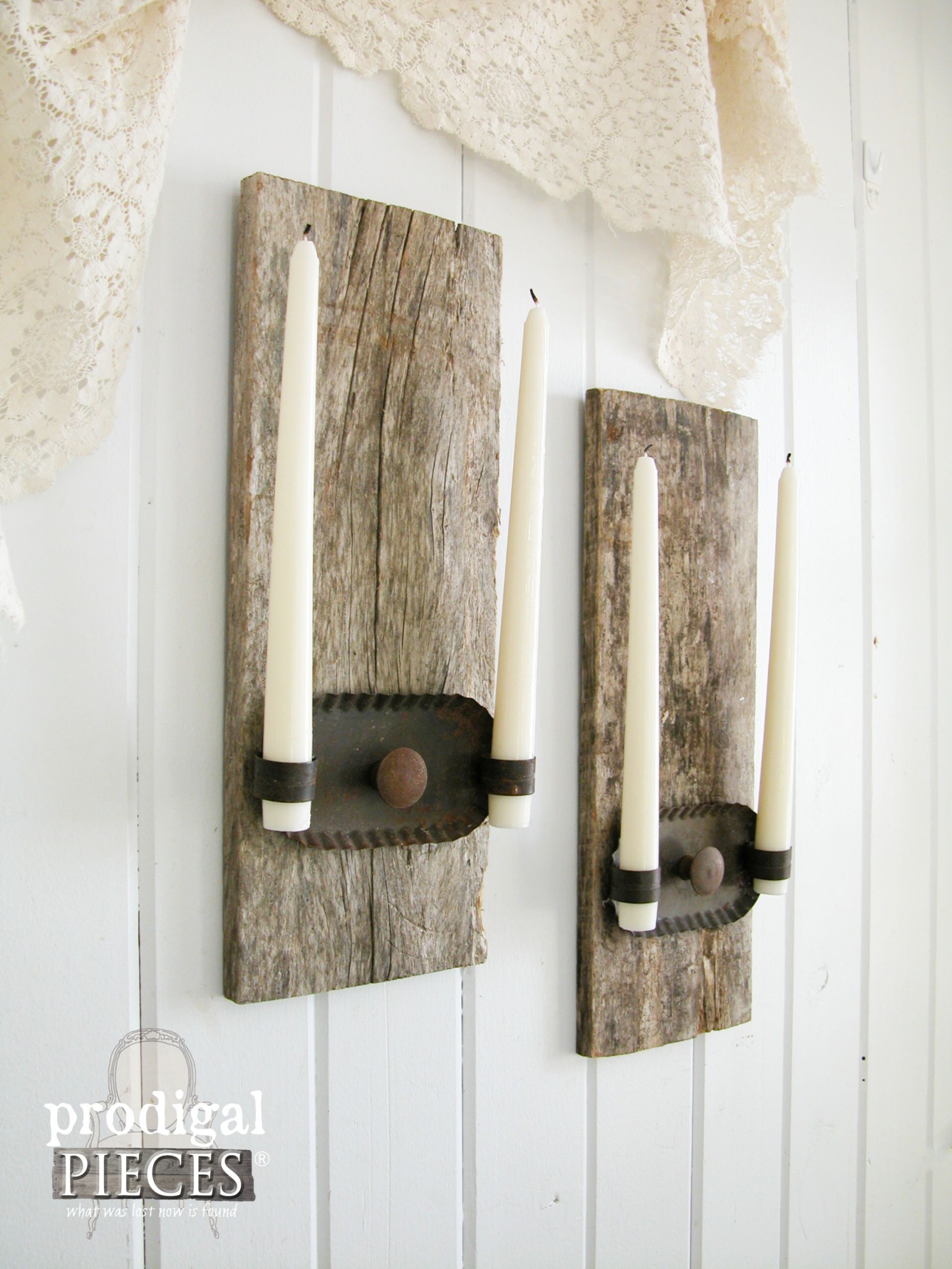 Rustic Reclaimed Candle Sconces from Barn Wood and Junk by Prodigal Pieces | www.prodigalpieces.com