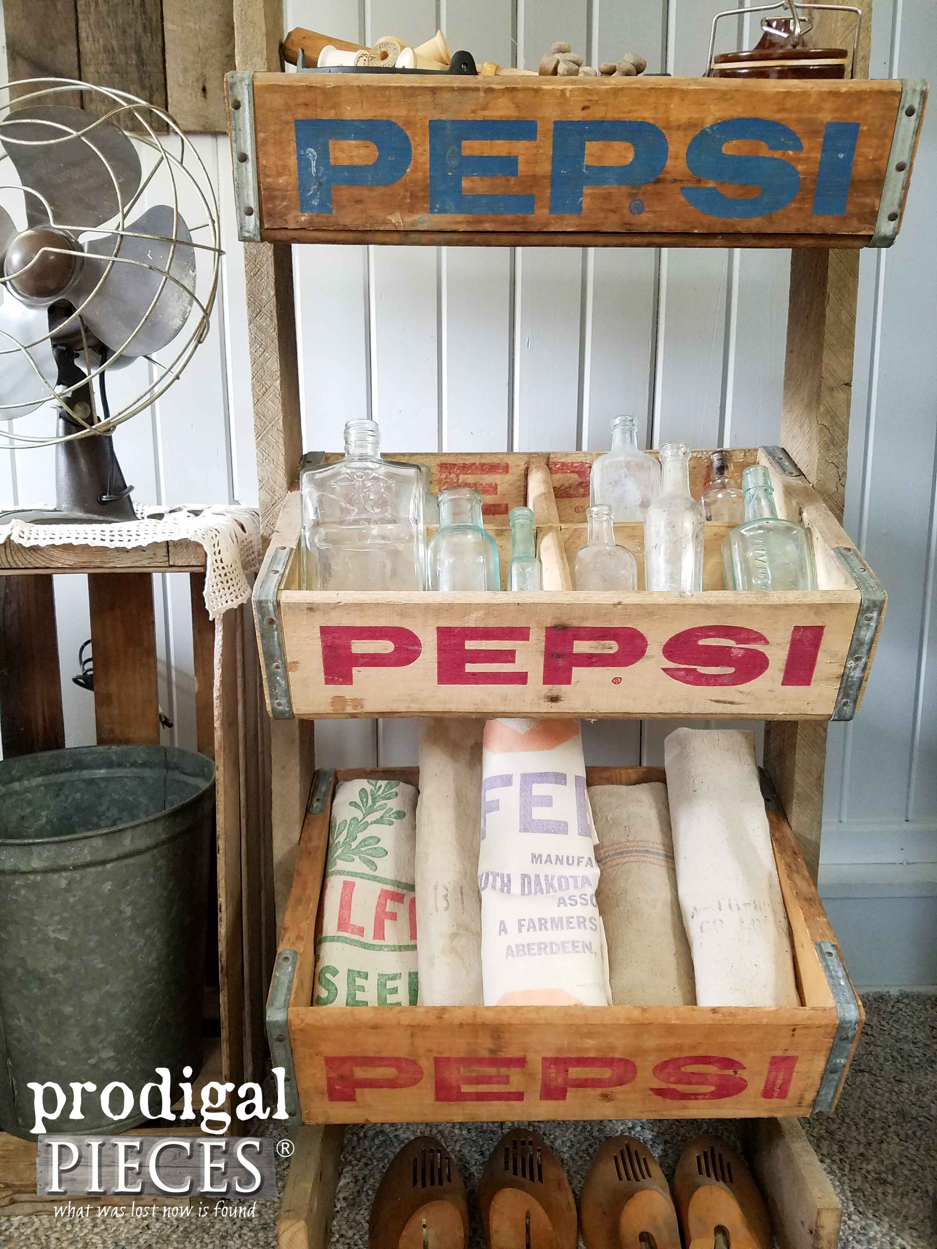Collection of Antique Apothecary Bottles and Feed Sacks in Vintage Soda Crates | Prodigal Pieces | www.prodigalpieces.com