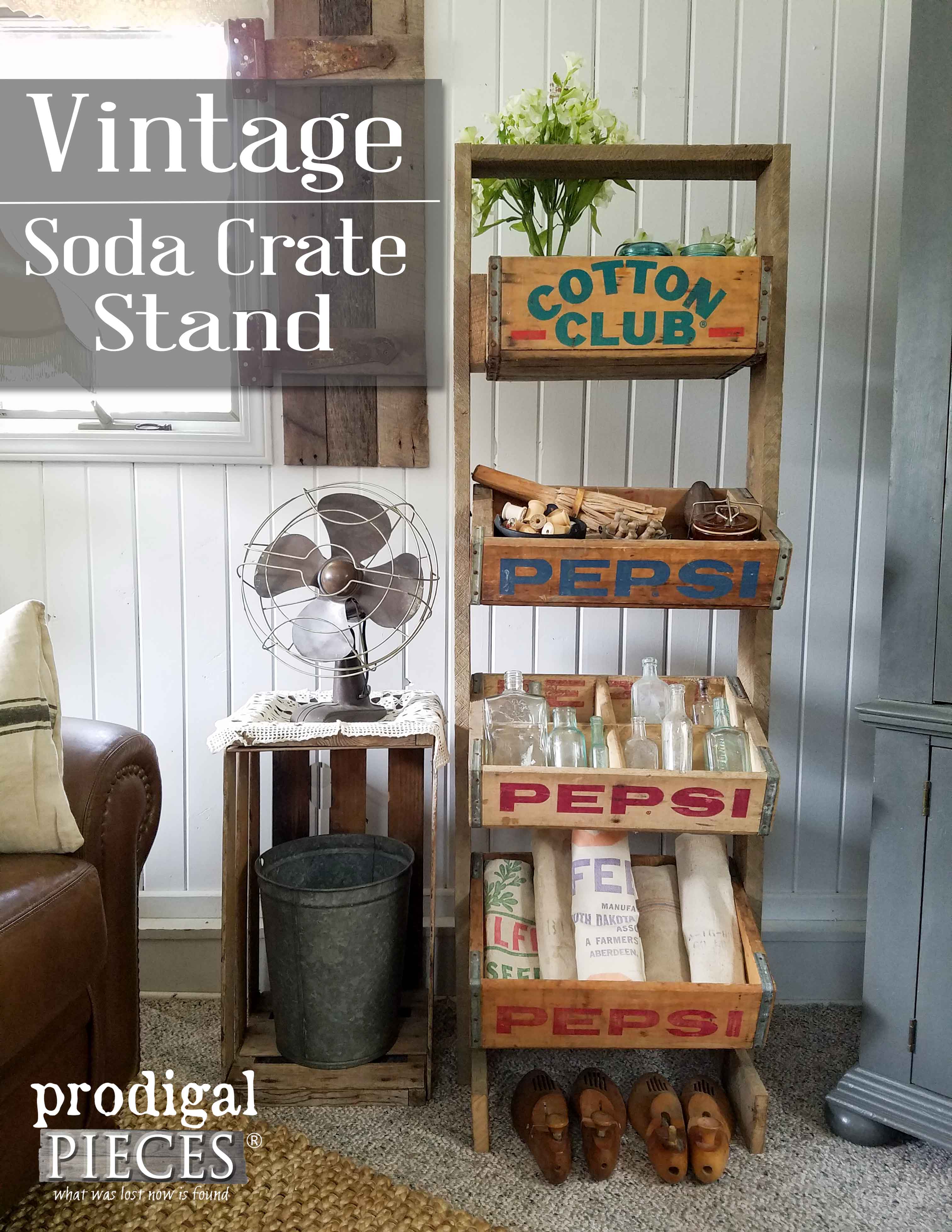 Create a Soda Crate Stand from Vintage Crates and Reclaimed Barn Wood for Home Decor or Shop Display by Prodigal Pieces | www.prodigalpieces.com