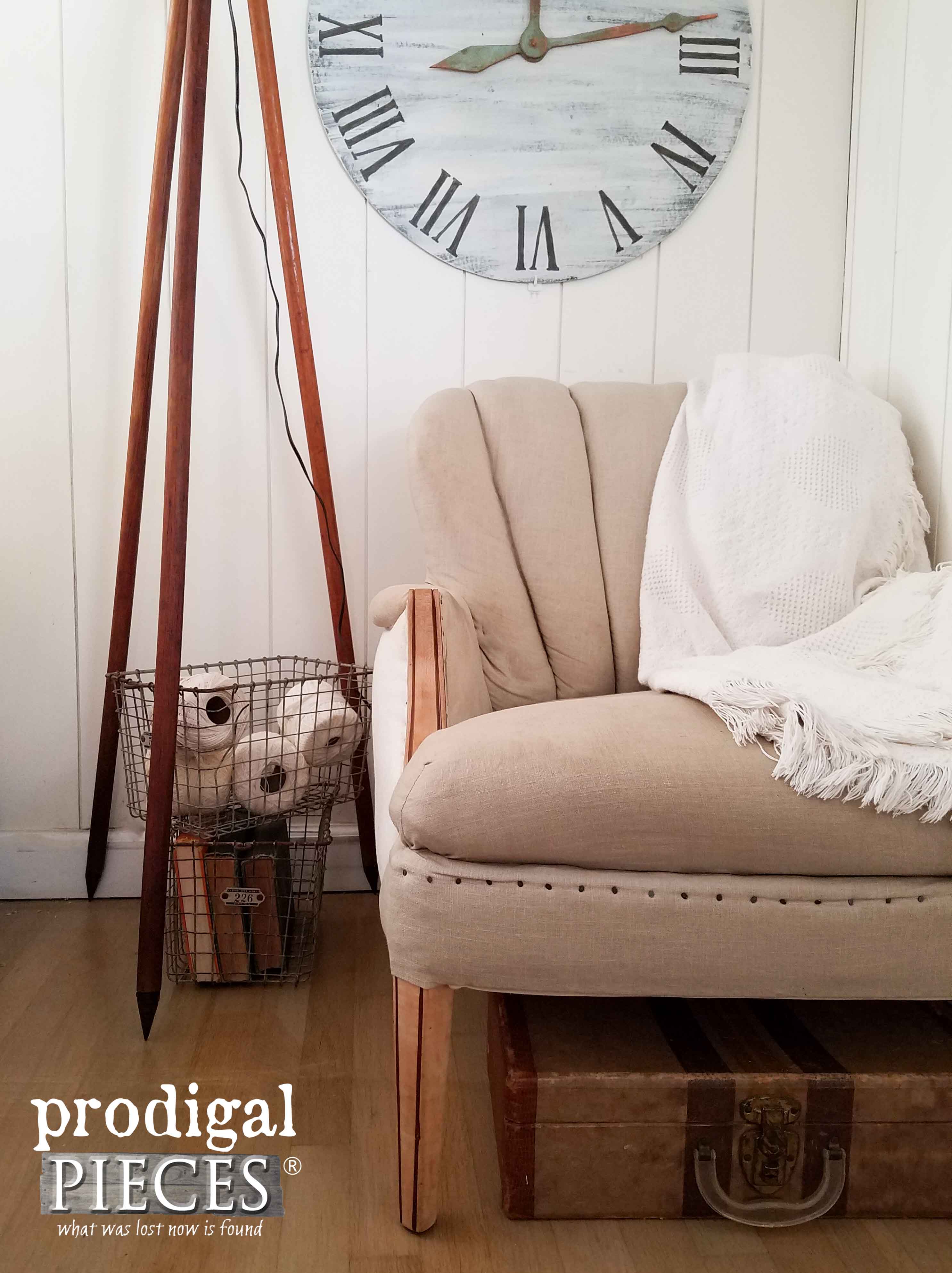 Vintage Vignette with Repurposed Tripod Floor Lamp and DIY Large Clock by Prodigal Pieces | www.prodigalpieces.com