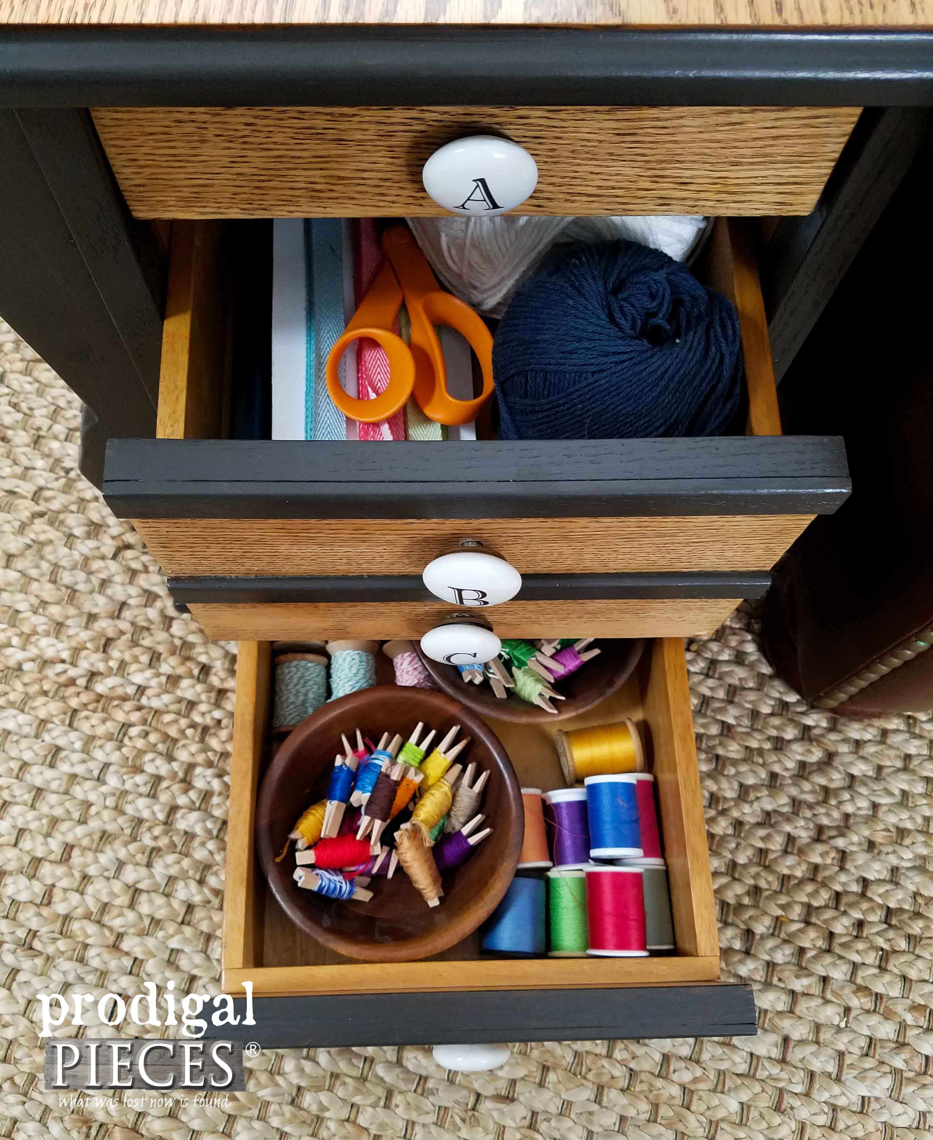 Inside Sewing Table Filled with Notions by Prodigal Pieces | prodigalpieces.com