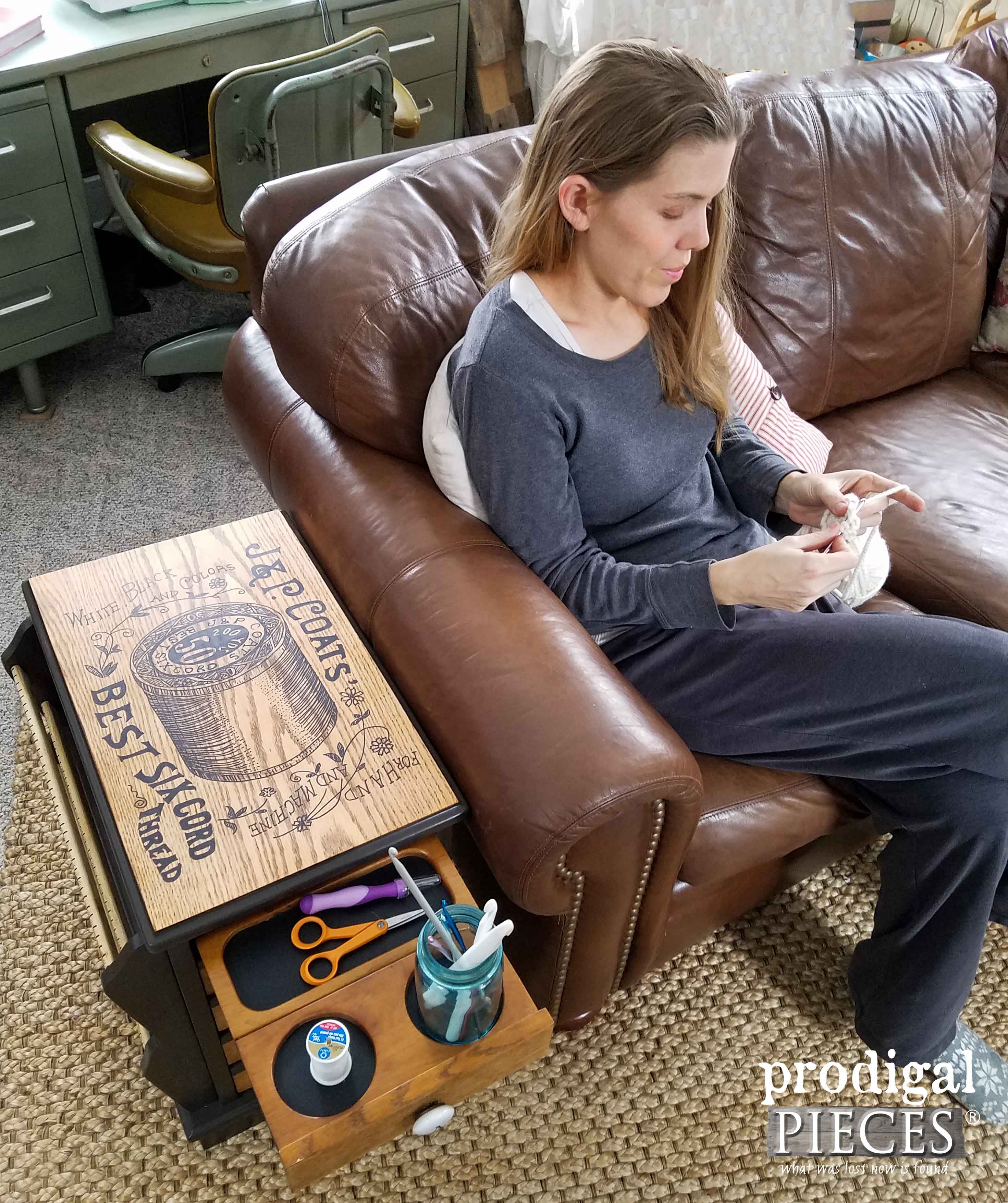 Larissa at Prodigal Pieces Using Her New DIY Sewing Table | Prodigal Pieces | prodigalpieces.com