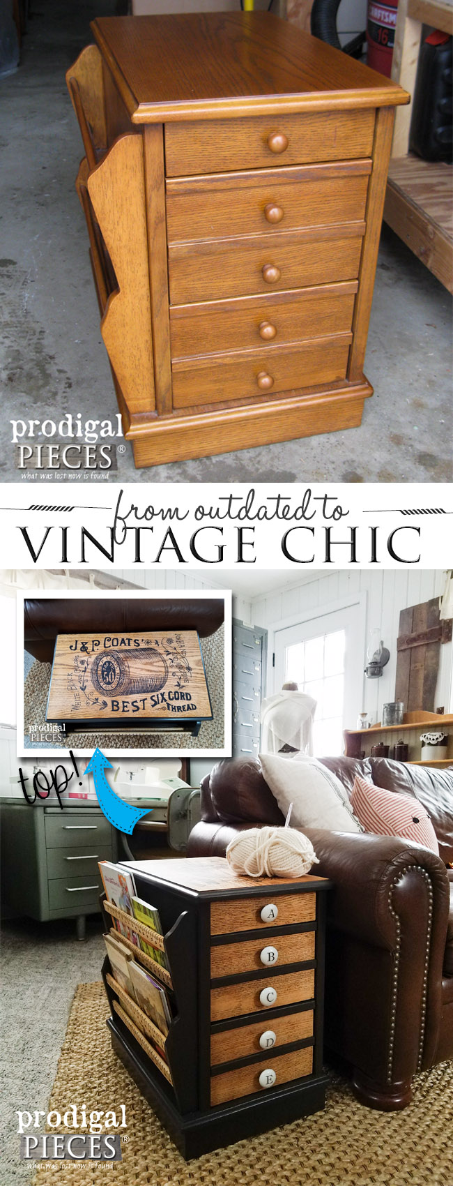 Outdated Side Table Gets a Vintage Chic Makeover Complete with Typography for Sewing Table Fun by Prodigal Pieces | prodigalpieces.com