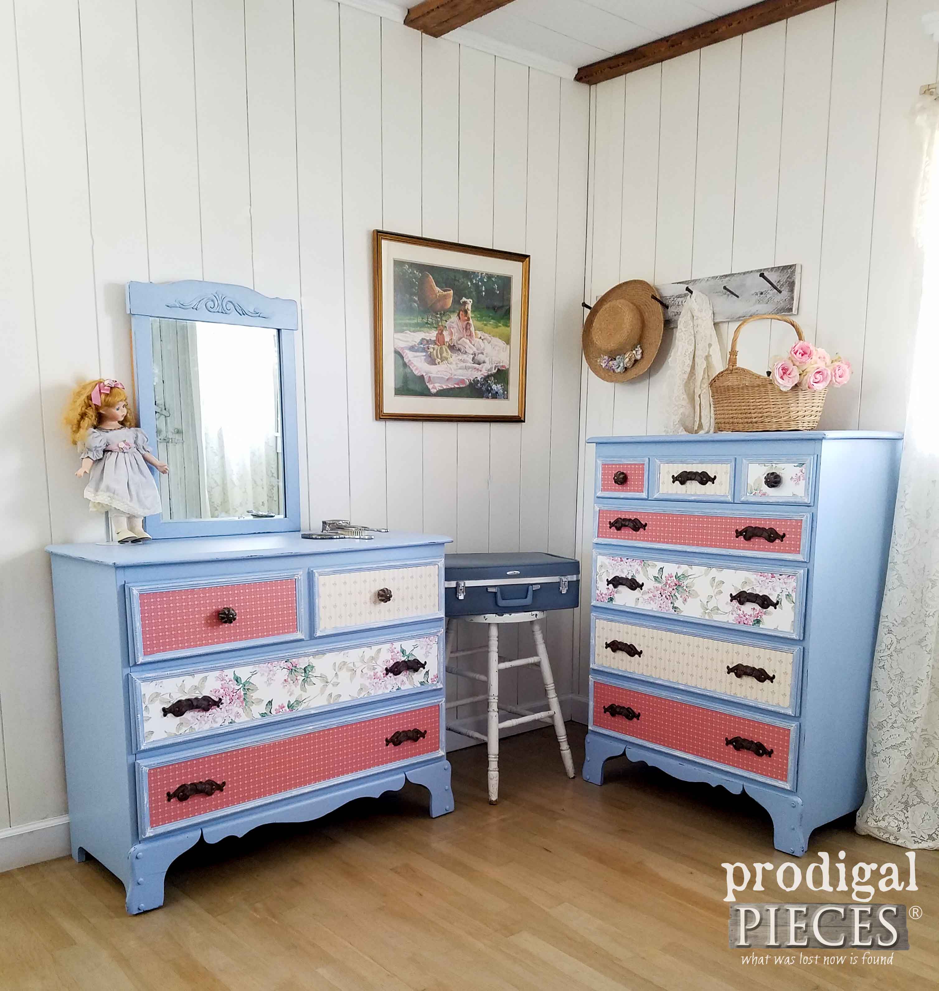 Vintage Girls Bedroom Set Makeover with Paper, Pulls, and Paint by Prodigal Pieces | prodigalpieces.com