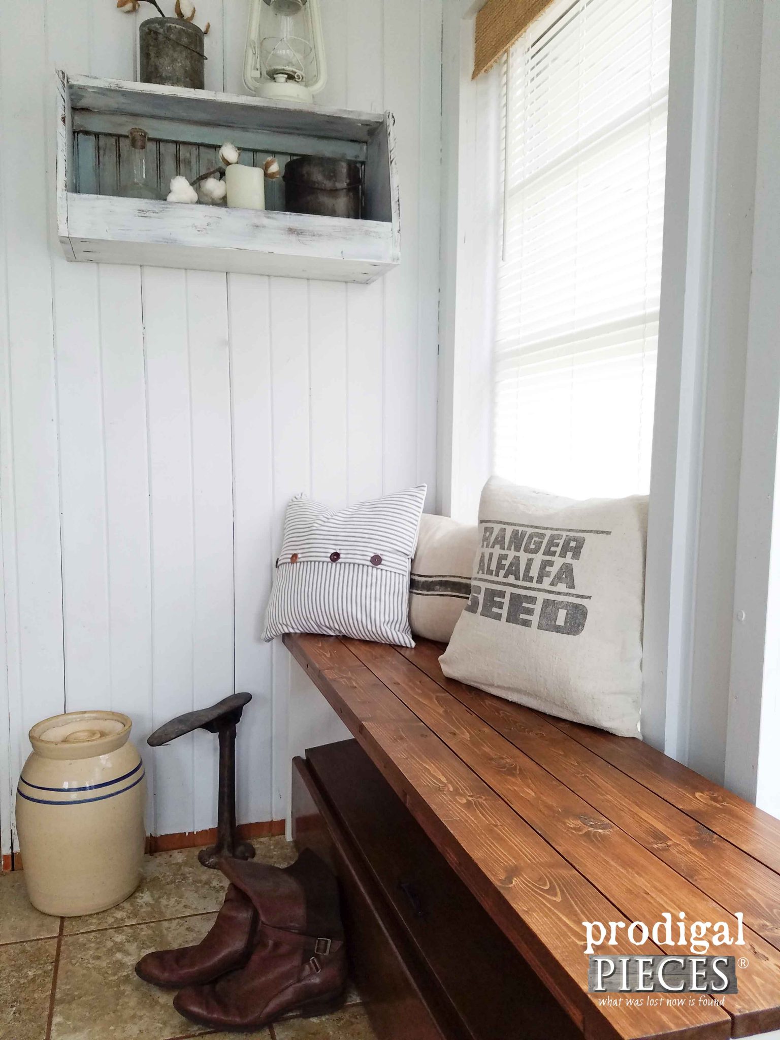 Farmhouse Style Entry with Repurposed Storage Bench & Wall Bin by Prodigal Pieces | prodigalpieces.com