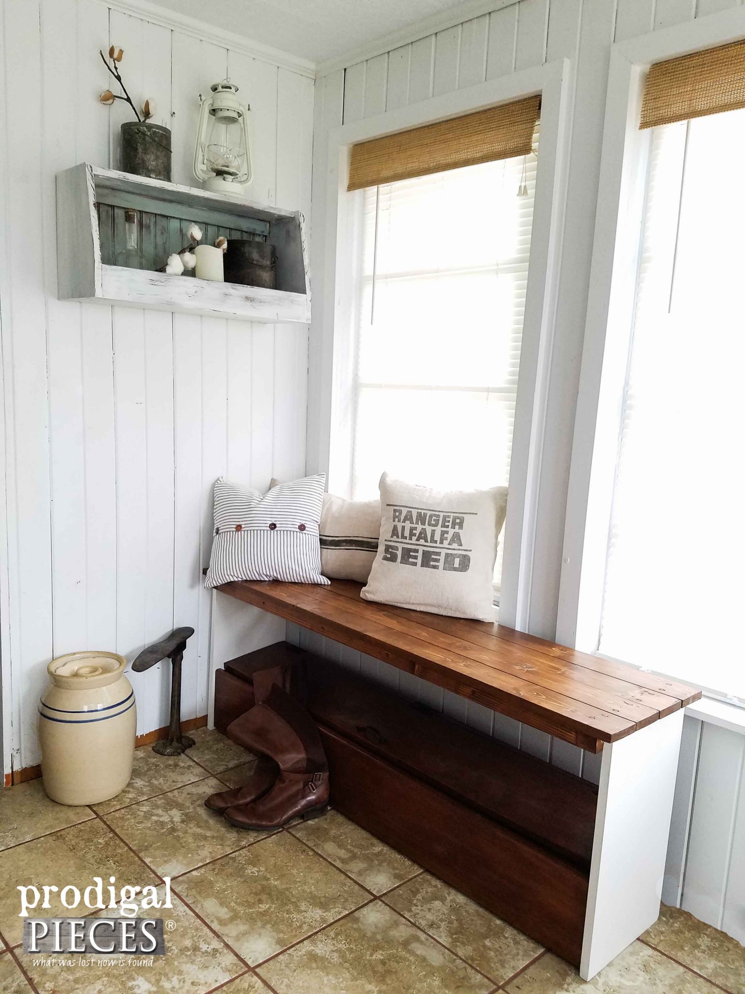 Rustic Repurposed Headboard Bench & Wall Shelf by Prodigal Pieces | prodigalpieces.com