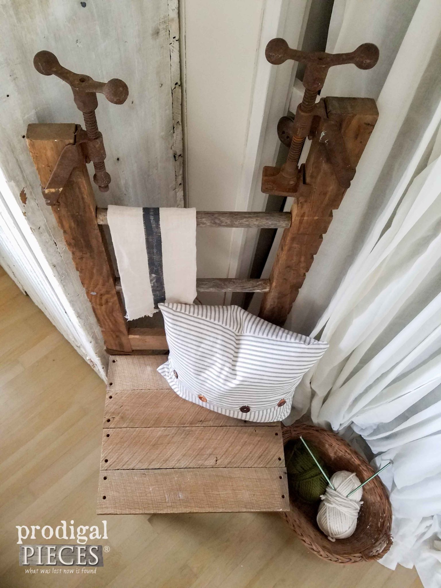 Top View of Repurposed Antique Clamp, Ladder, and Barn Wood Chair by Prodigal Pieces | prodigalpieces.com