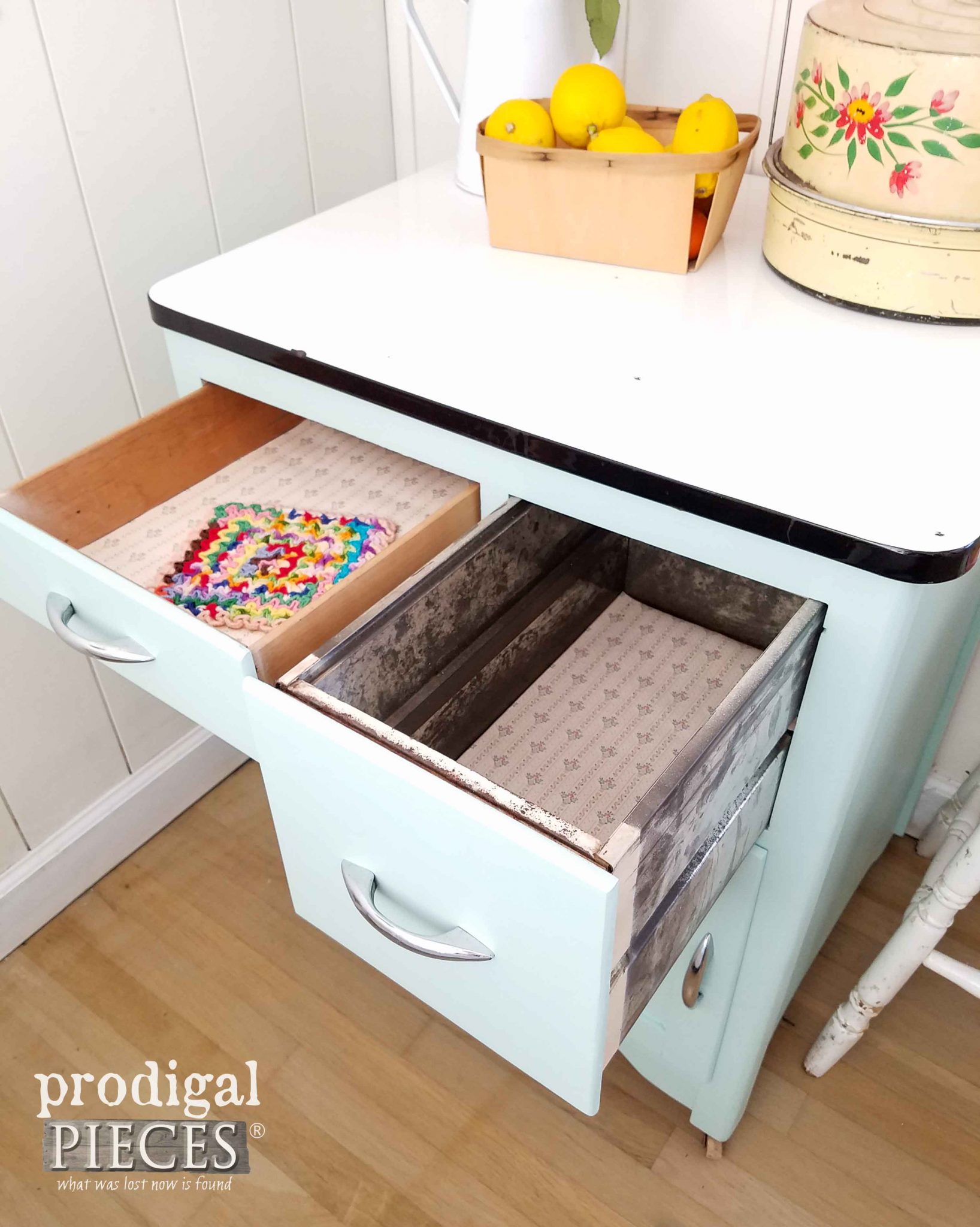 Open Bread Drawer on Vintage Enamel Cabinet by Prodigal Pieces | prodigalpieces.com