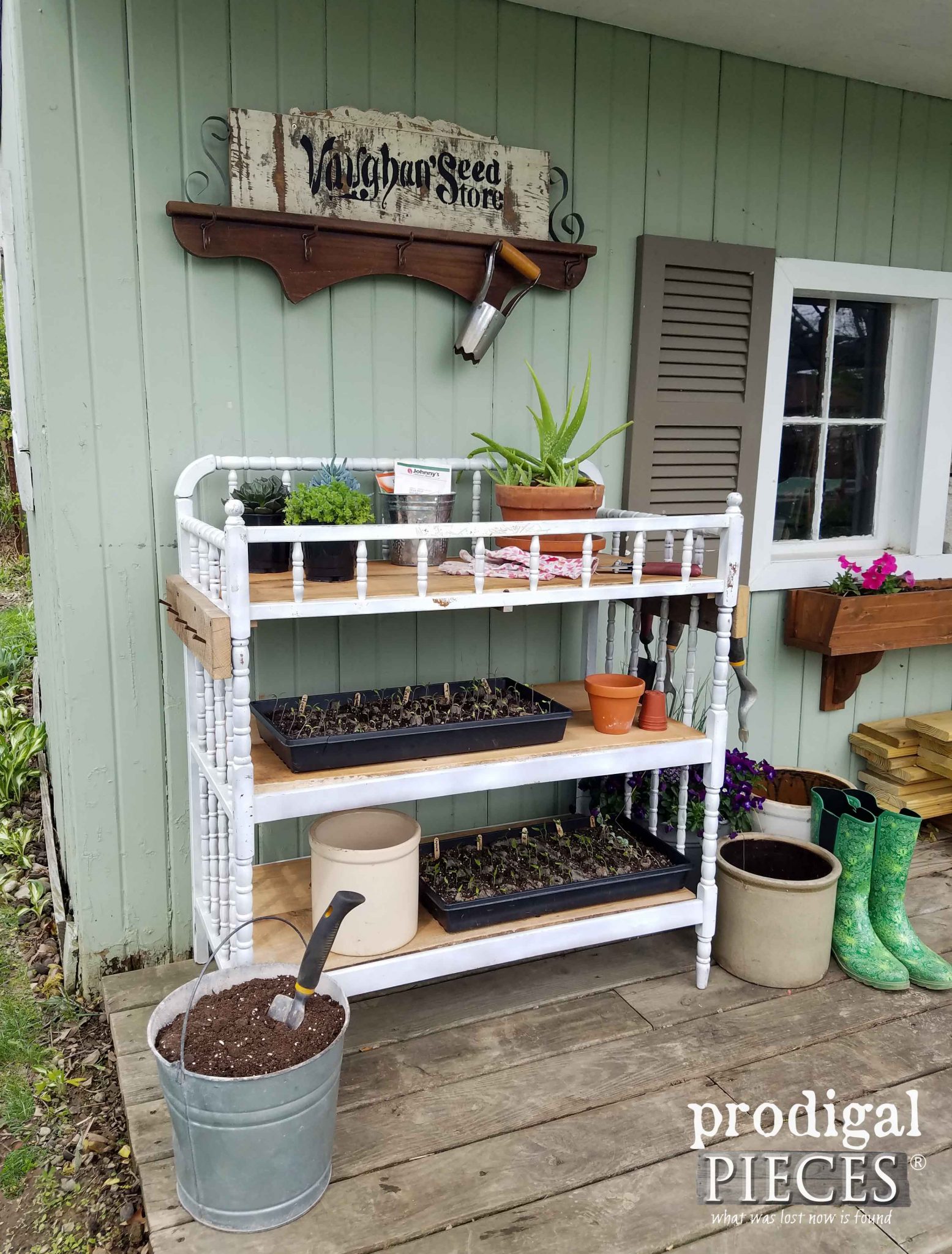 Potting Shed with Repurposed Changing Table Potting Bench by Prodigal Pieces | prodigalpieces.com