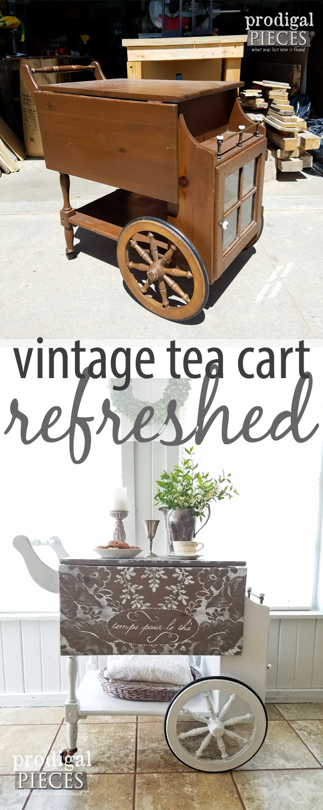A vintage tea cart gets a refreshed new look with lace painting and some ooh, la, la. See the makeover by Prodigal Pieces at prodigalpieces.com