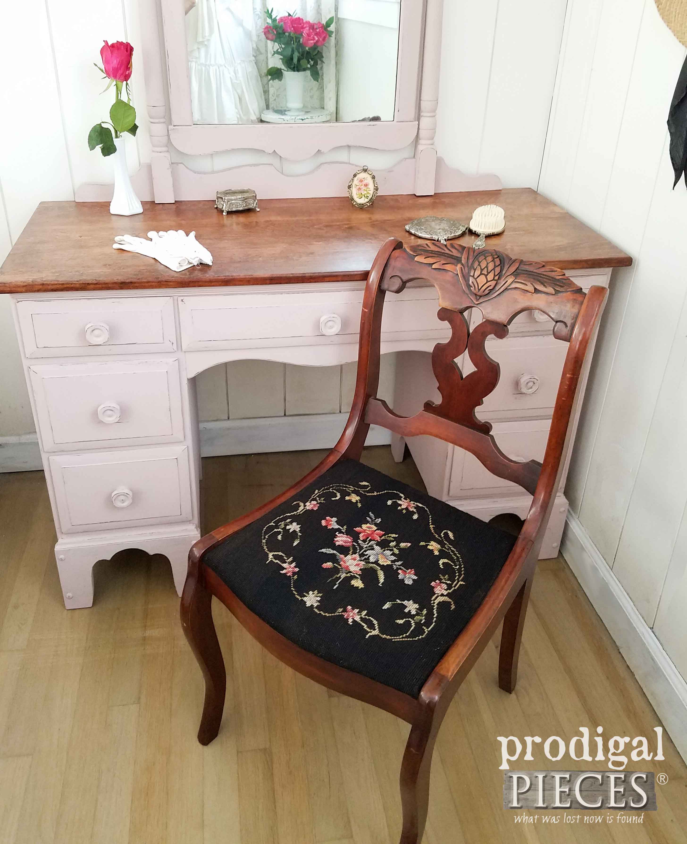 Antique Needlepoint Chair for Vintage Vanity by Prodigal Pieces | prodigalpieces.com
