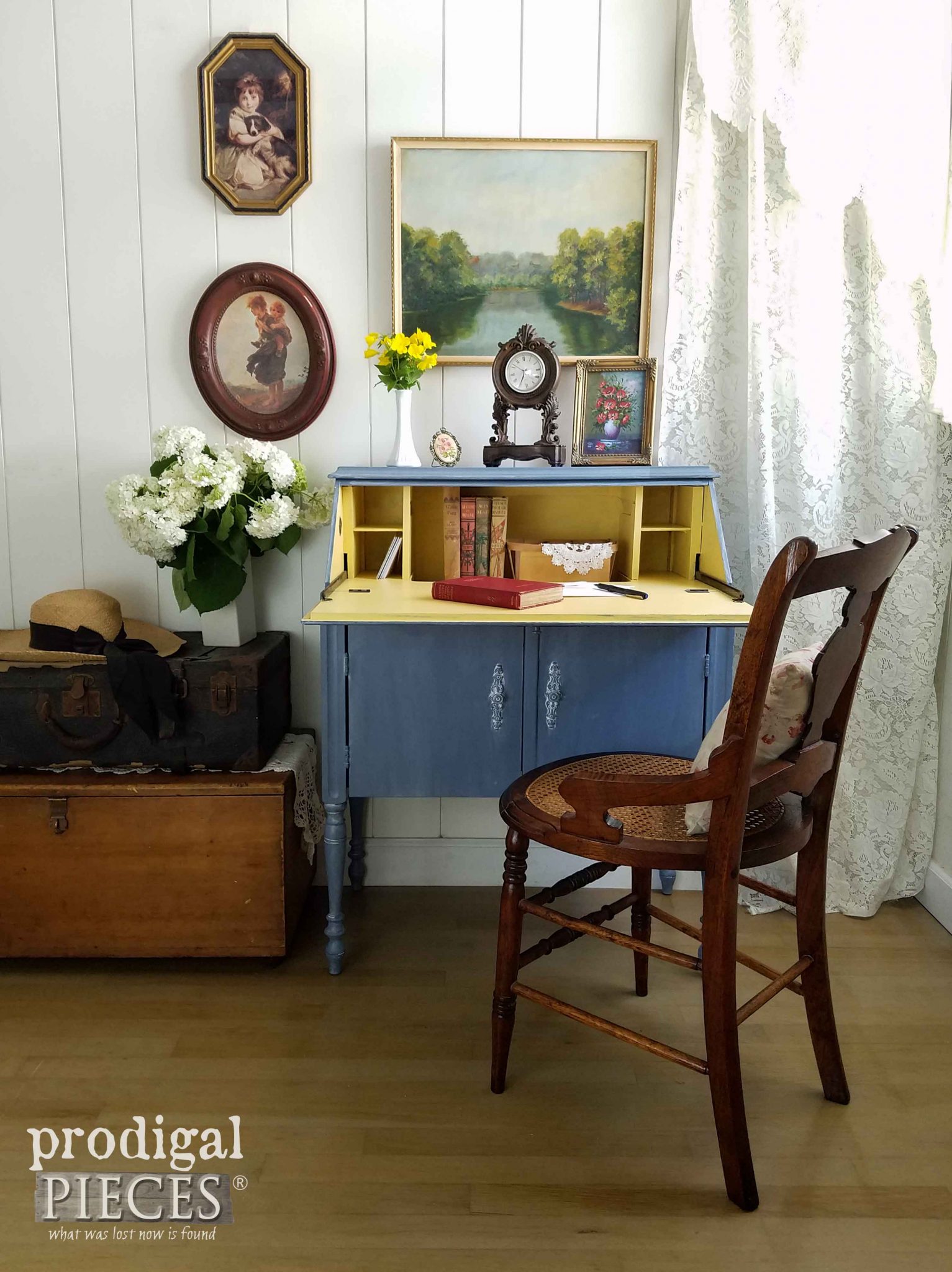 English Style Secretary Desk with blue and a pop of yellow by Prodigal Pieces | prodigalpieces.com