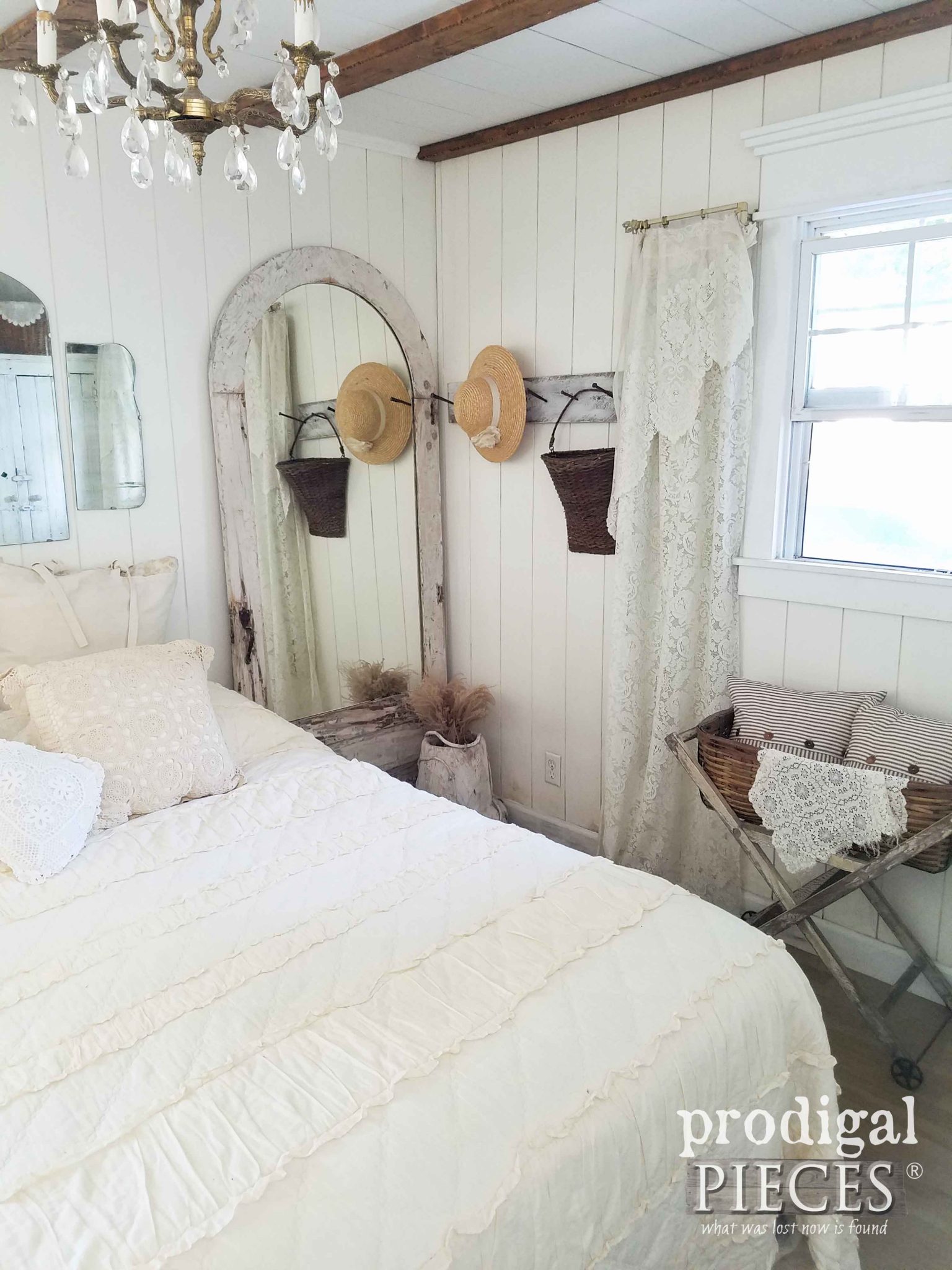 Farmhouse Style Bedroom Decorated with Repurposed Door Mirror and Found Items by Prodigal Pieces | prodigalpieces.com