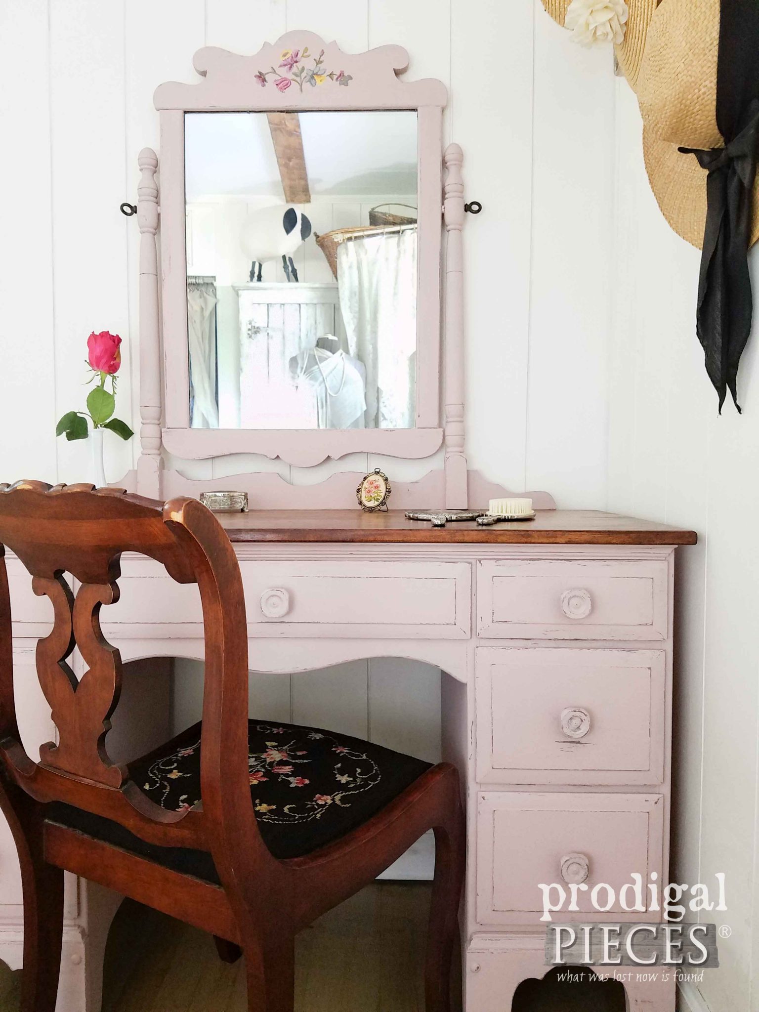 Tea Rose Pink Vintage Vanity with Needlepoint Chair by Prodigal Pieces | prodigalpieces.com