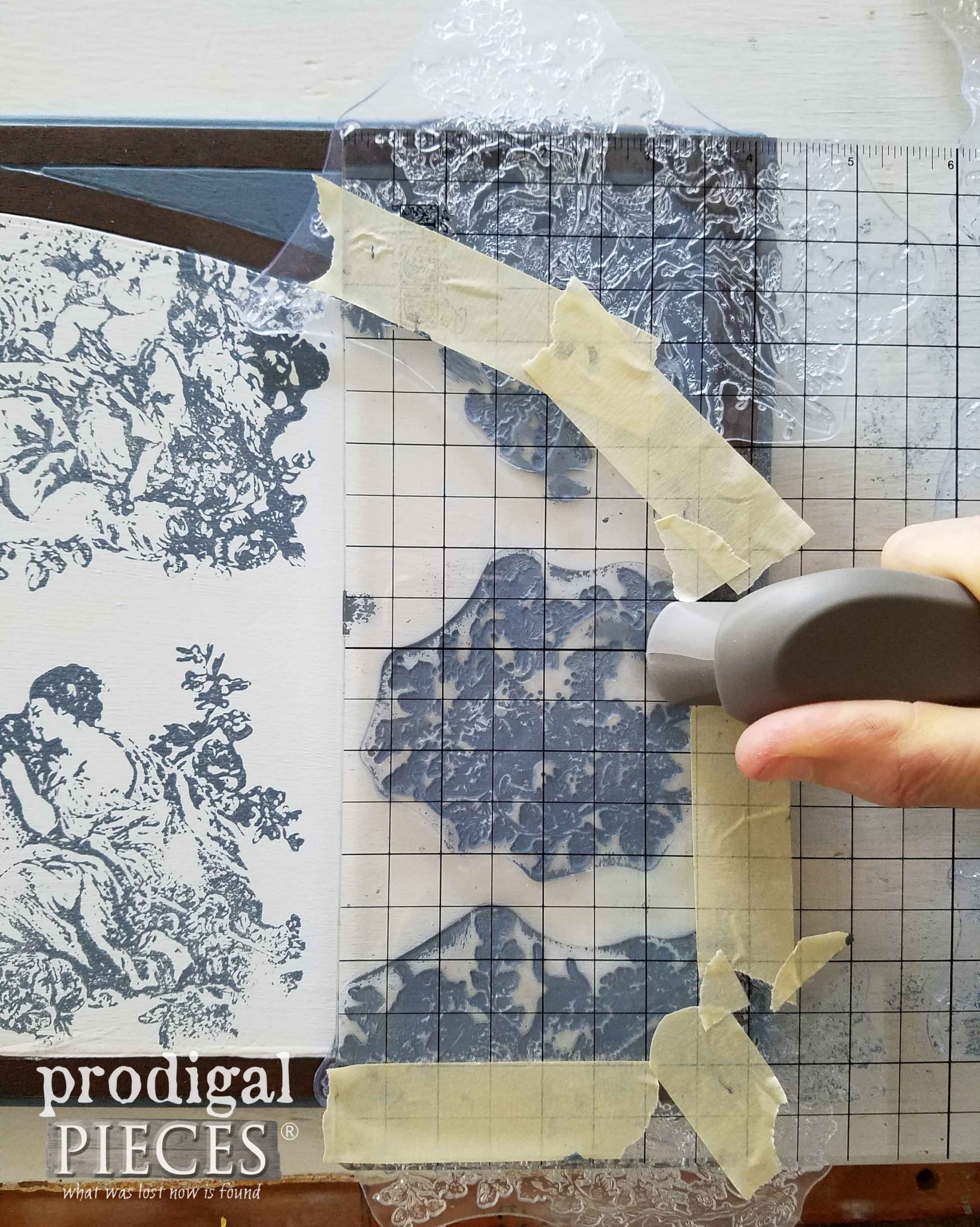 Stamping Secretary Desk with Pastoral Toile Iron Orchid Designs Stamp | prodigalpieces.com