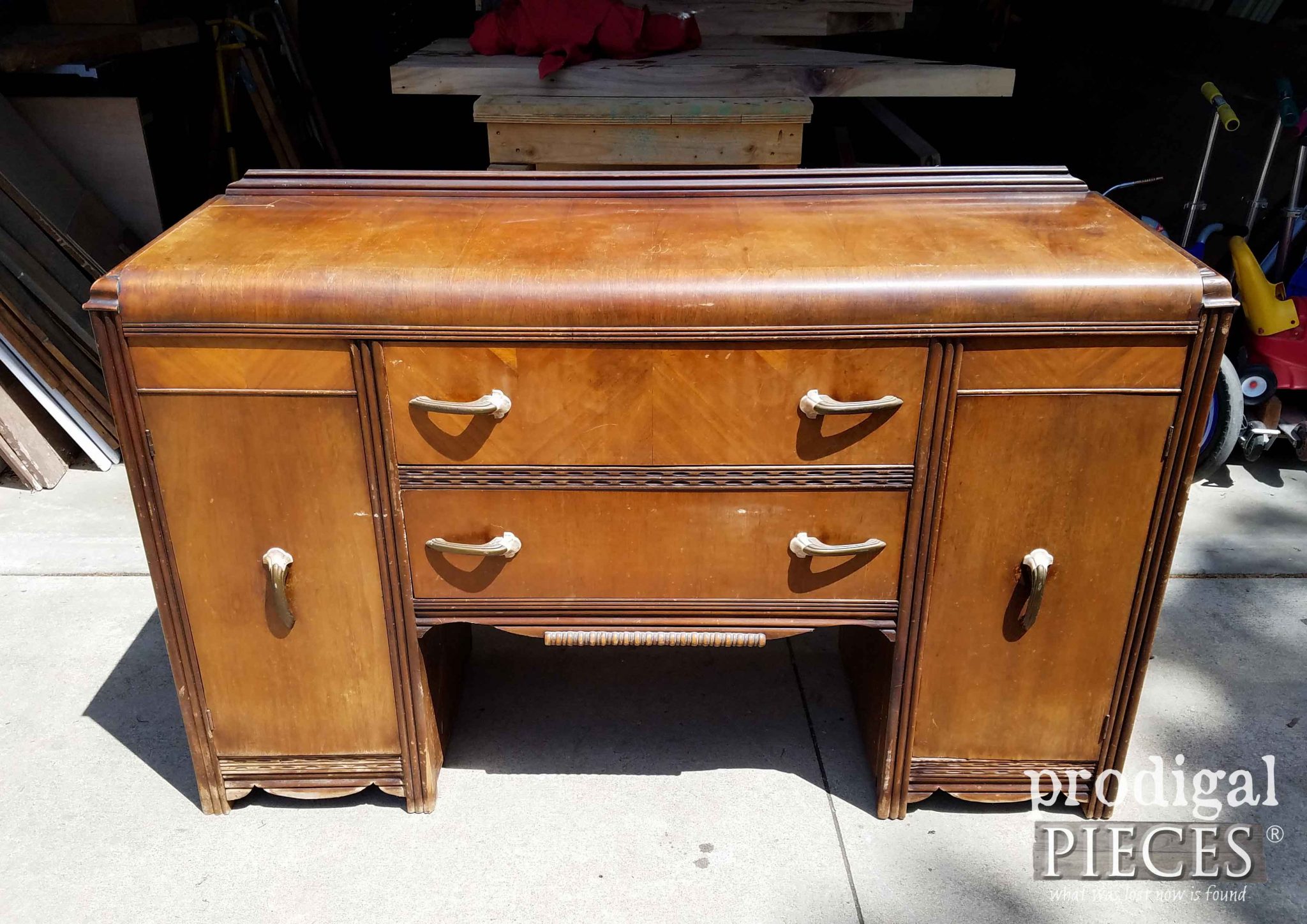 Antique Waterfall Buffet Before Makeover by Prodigal Pieces | prodigalpieces.com