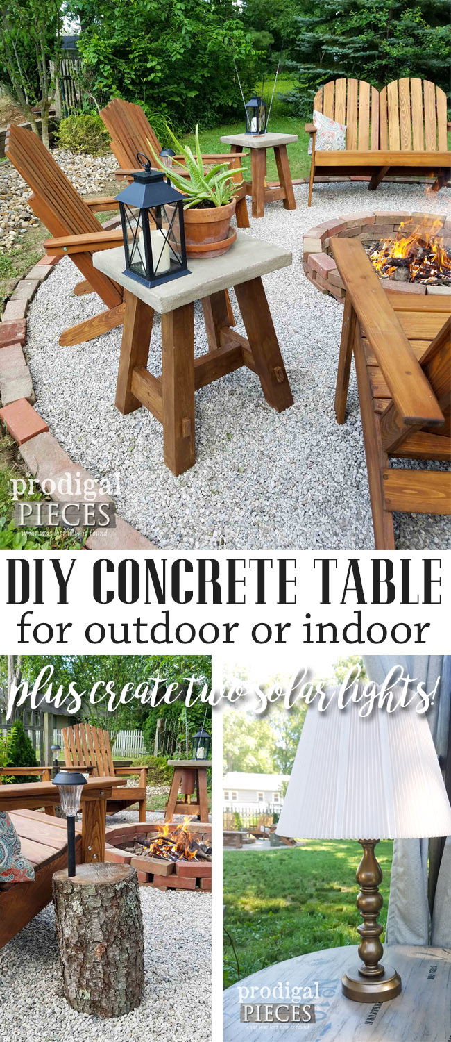 Build this DIY concrete table for less than $20. PLUS, create the solar lamps for under $5 each. You can beat it! Build plans and tutorials at Prodigal Pieces | prodigalpieces.com