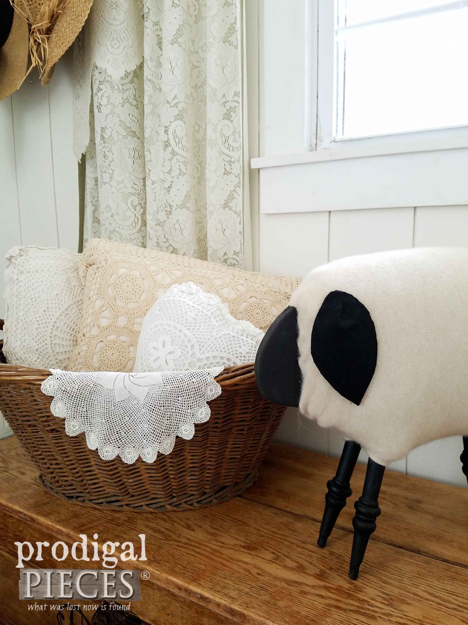 Farmhouse Vignette with Sheep and Laundry Basket by Prodigal Pieces | prodigalpieces.com