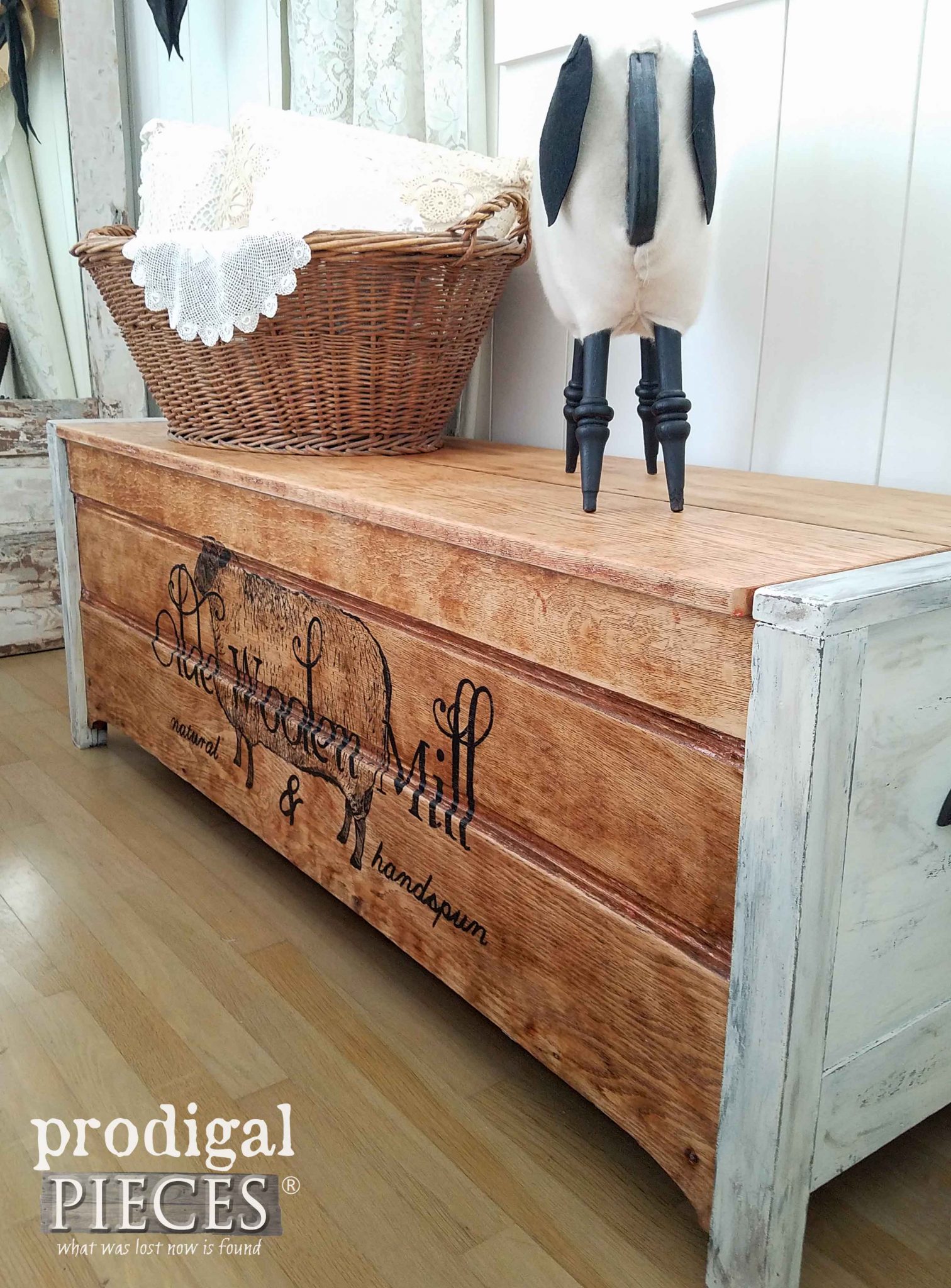 Farmhouse Blanket Chest with Vintage Advertising by Prodigal Pieces | prodigalpieces.com
