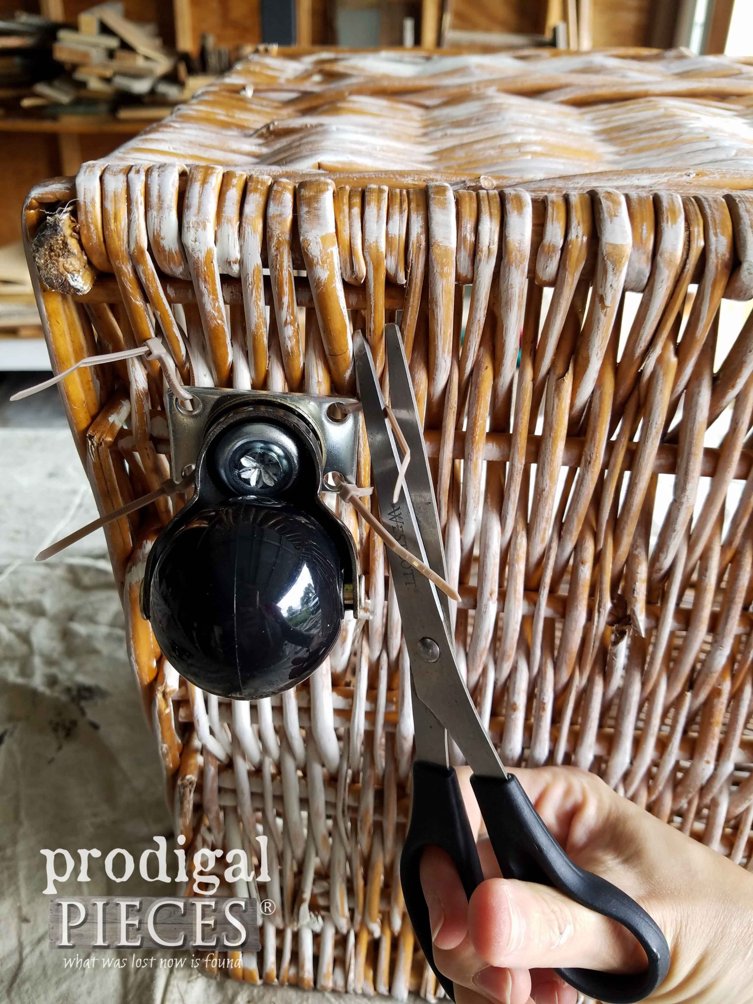 Cutting Zip Ties on DIY Rolling Laundry Cart | prodigalpieces.com