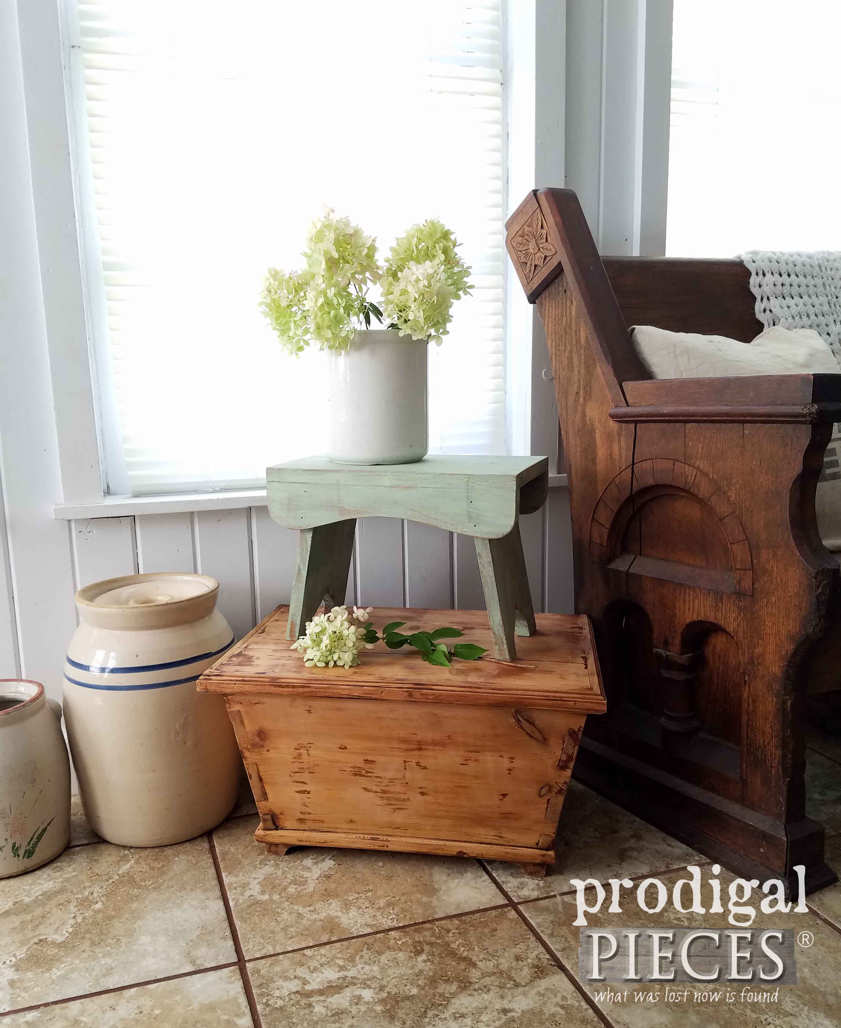 Farmhouse Milking Stool and Wooden Chest Made New for Thrifted Makeovers by Prodigal Pieces | prodigalpieces.com
