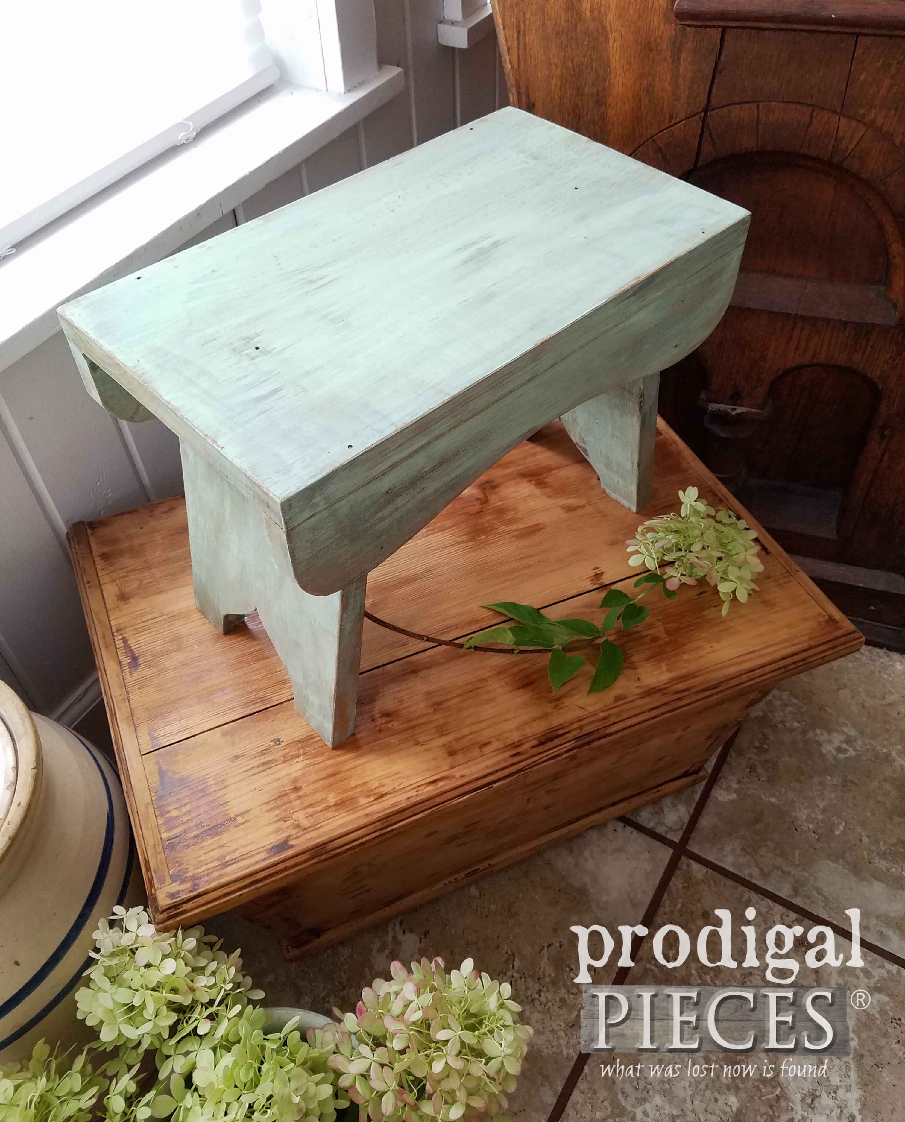 Chippy Green Farmhouse Milking Stool by Prodigal Pieces | prodigalpieces.com