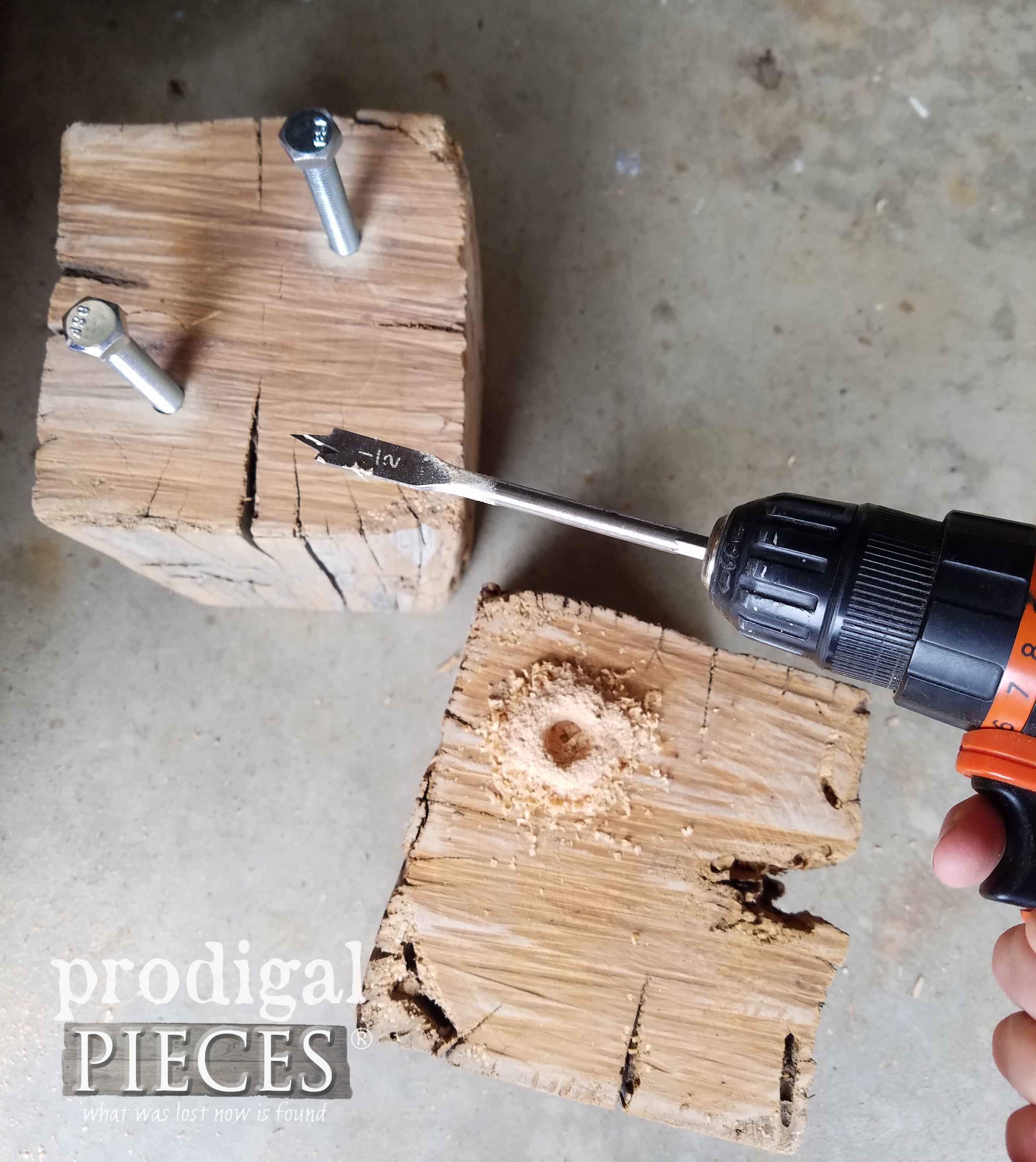 Adding bolts to barn beam bench legs | prodigalpieces.com