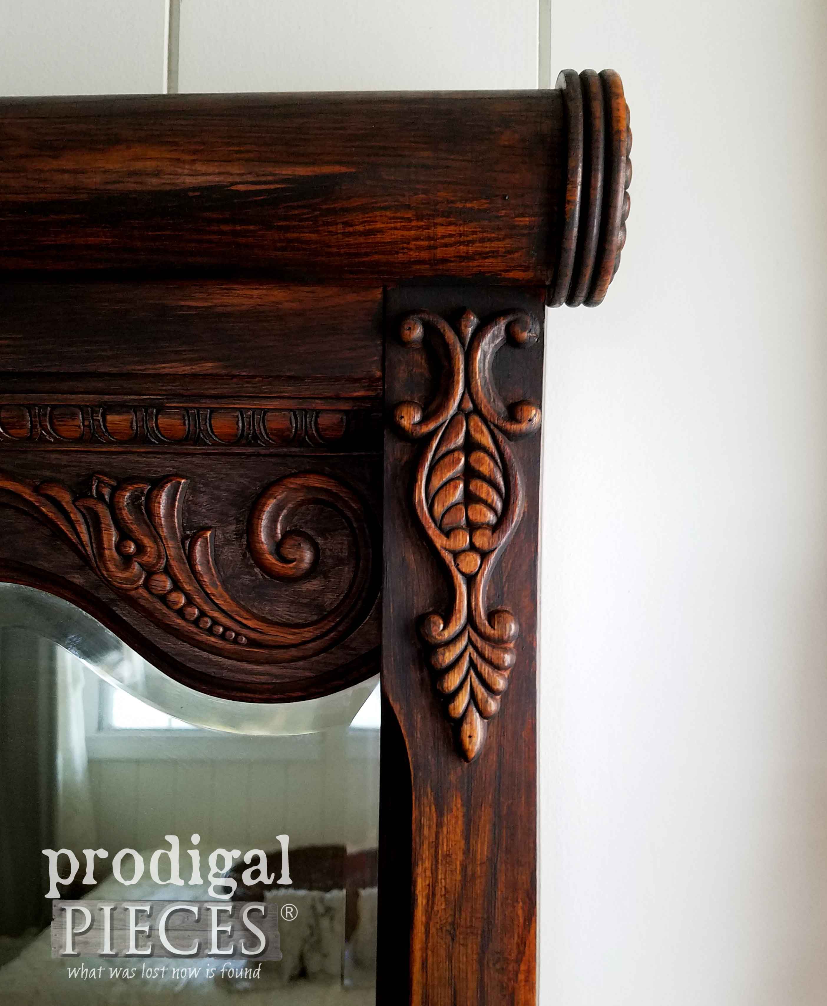 Carved Ornate Details of Lexington Updated Furniture Dresser Mirror | prodigalpieces.com