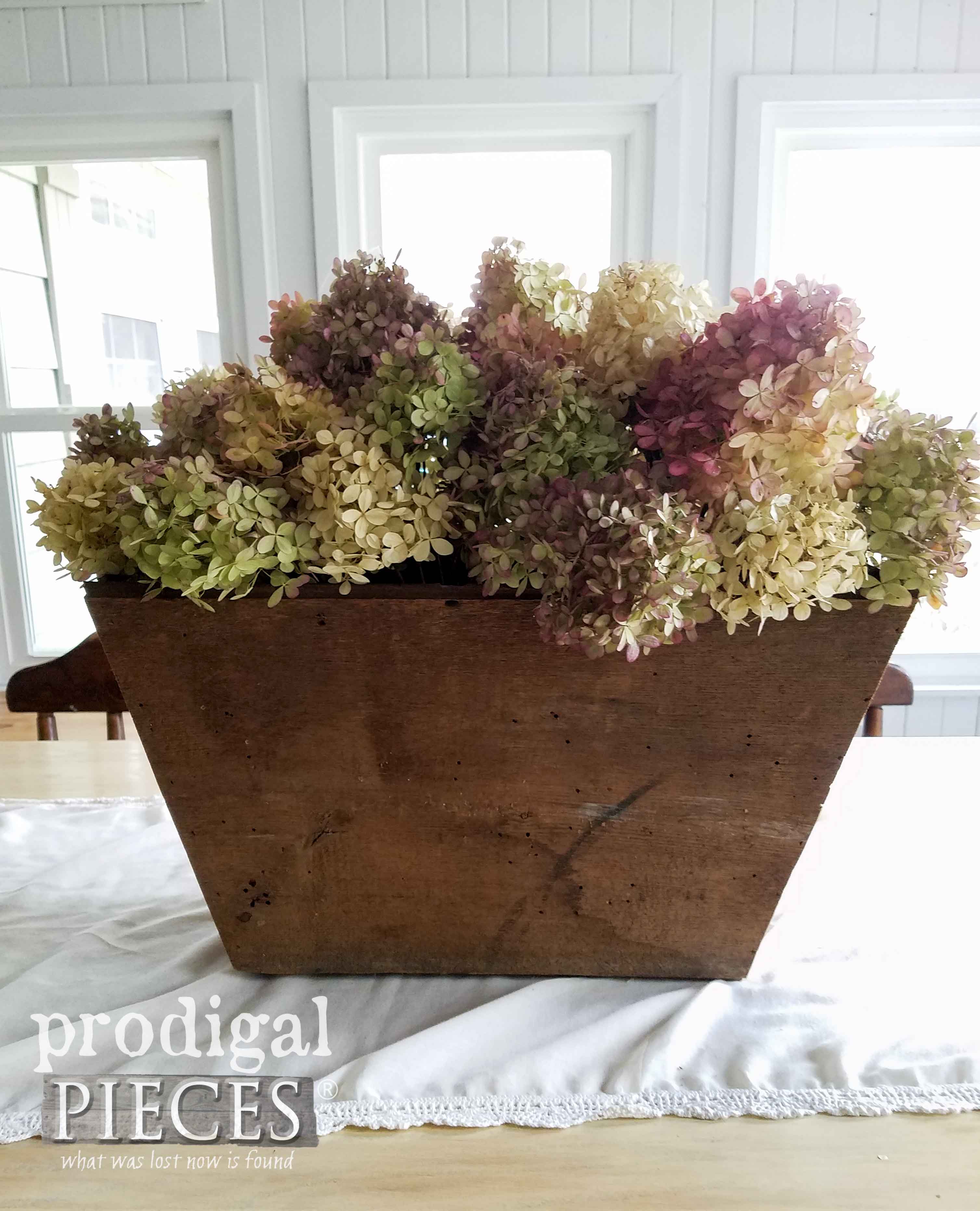 Rustic Barn Wood Planter with Hydrangeas by Prodigal Pieces | prodigalpieces.com
