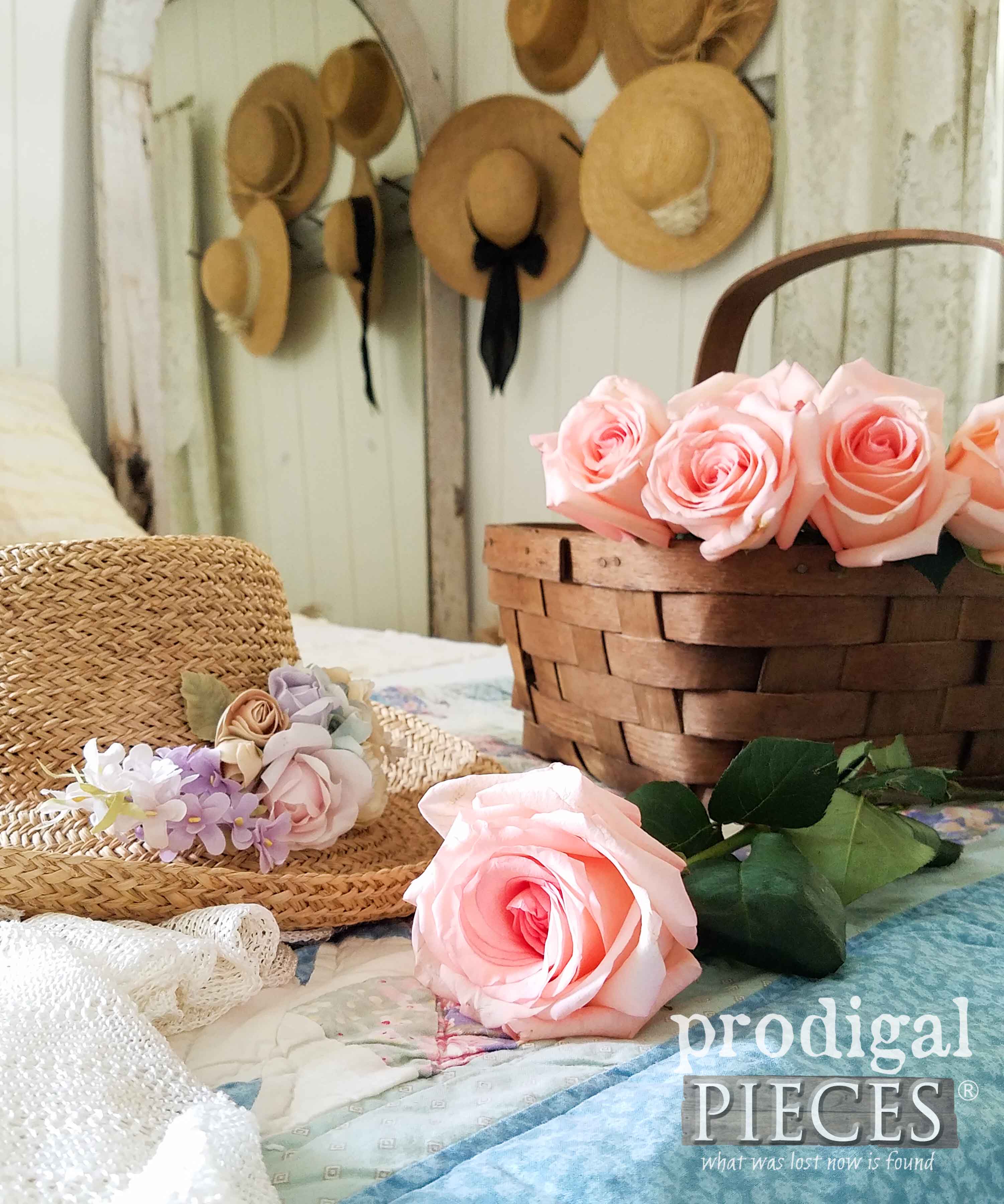 Basket of Pink Roses in Cottage Style Bedroom by Larissa of Prodigal Pieces | prodigapieces.com
