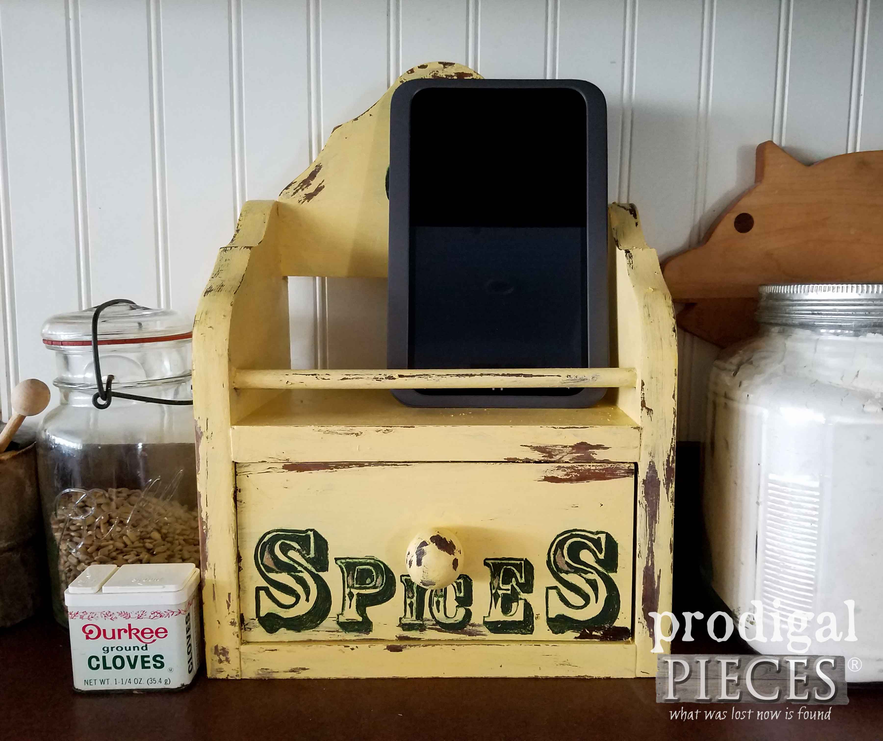 Thrifted Box with Vintage Typography as DIY Charging Station. Get the tutorial at Prodigal Pieces | prodigalpieces.com