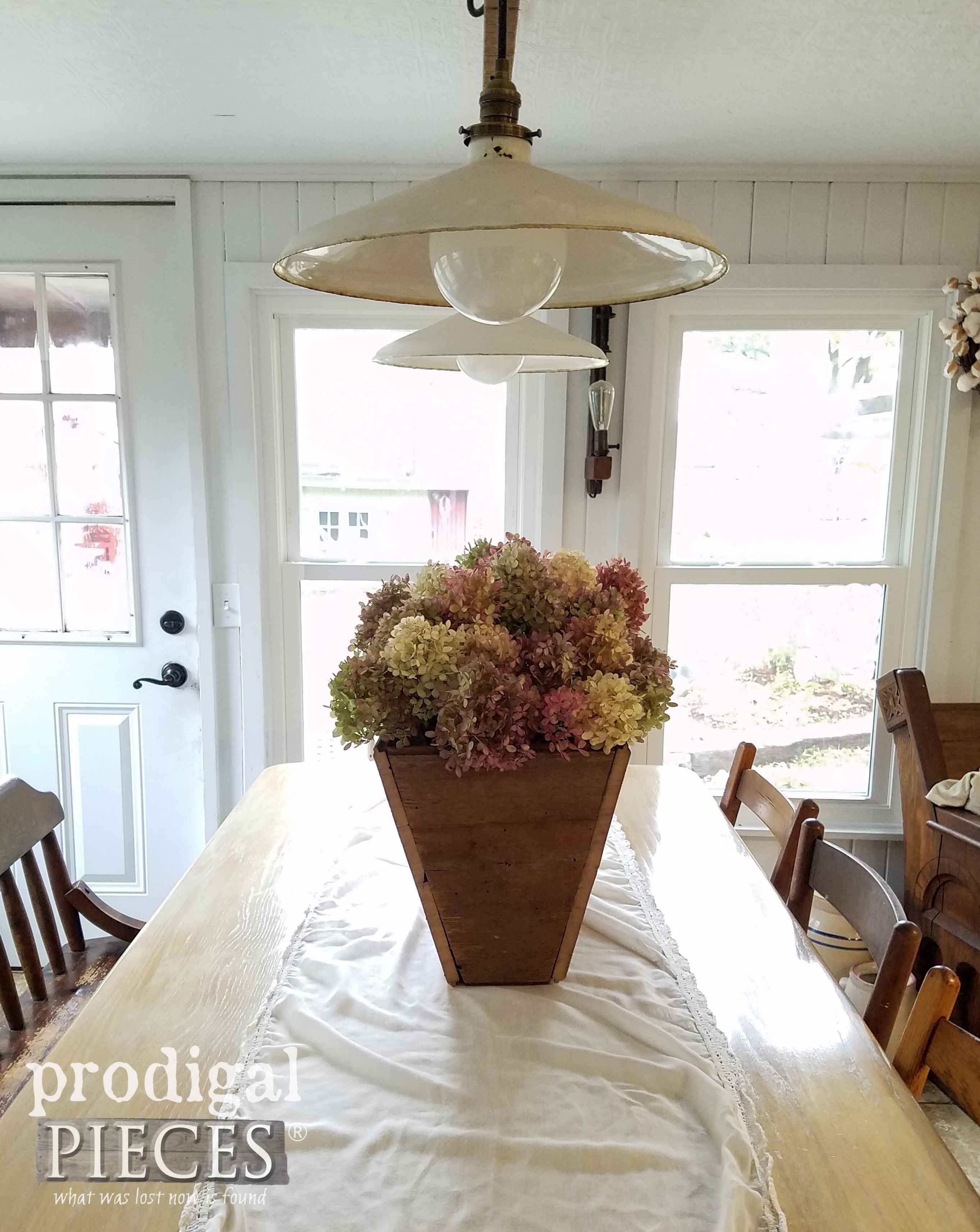 DIY Reclaimed Wood Planter Full of Hydrangea Blooms in Farmhouse Decor by Larissa of Prodigal Pieces | prodigalpieces.com