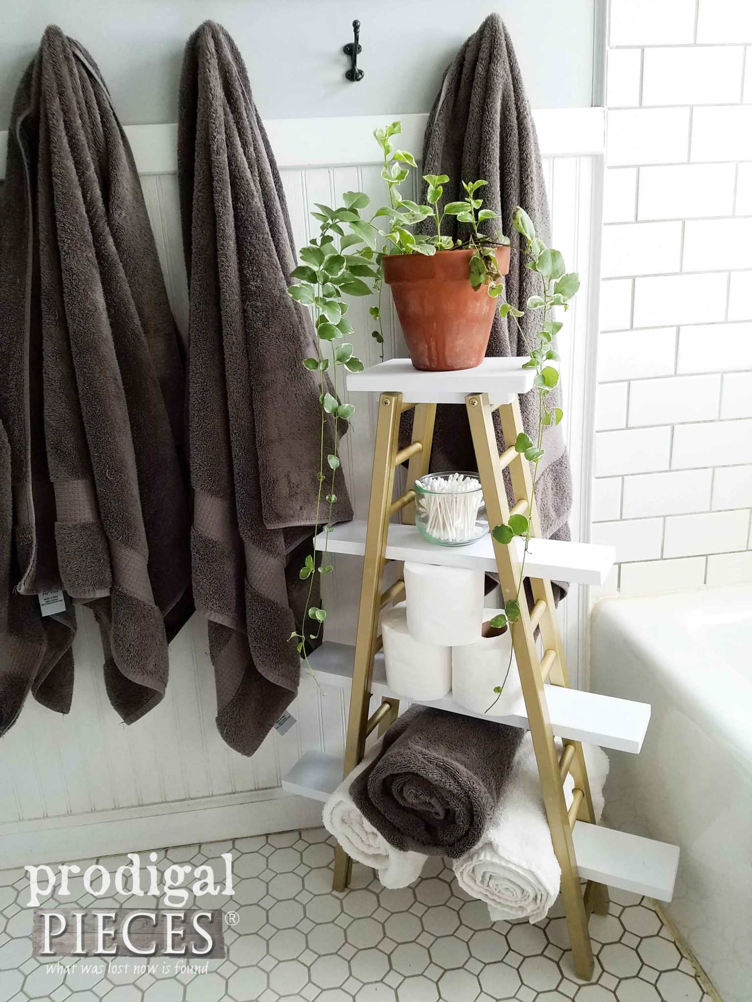 Repurposed Bathroom Upcycled Storage for Towels, TP and more in a Modern Chic Bath by Prodigal Pieces | prodigalpieces.com