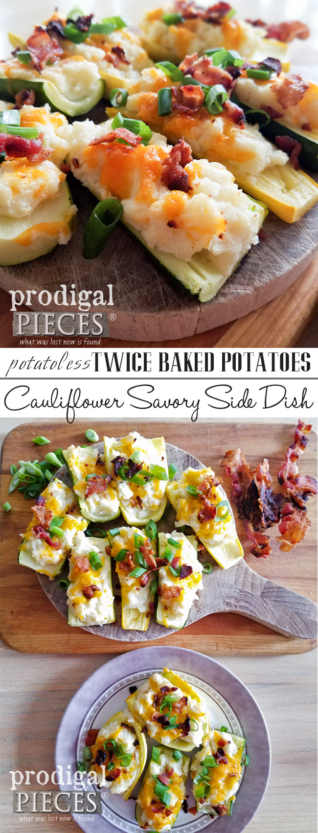 Love your potatoes, but not the starch? Give these potatoless twice baked potatoes a try. This savory cauliflower side dish is sure to please. Think holiday food! | Recipe at Prodigal Pieces | prodigalpieces.com