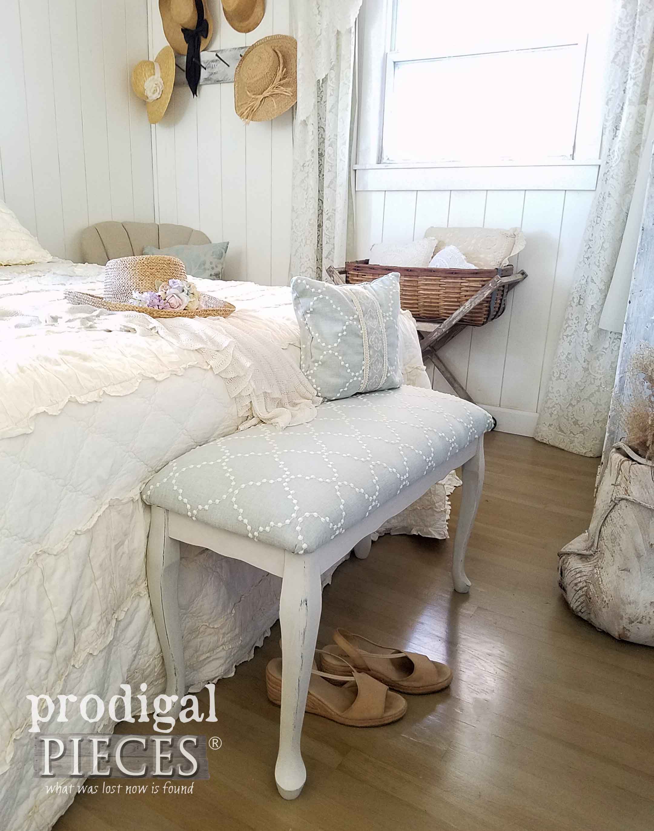 Cozy Farmhouse Cottage Style Bedroom with Upholstered Bench Set by Larissa of Prodigal Pieces | prodigalpieces.com