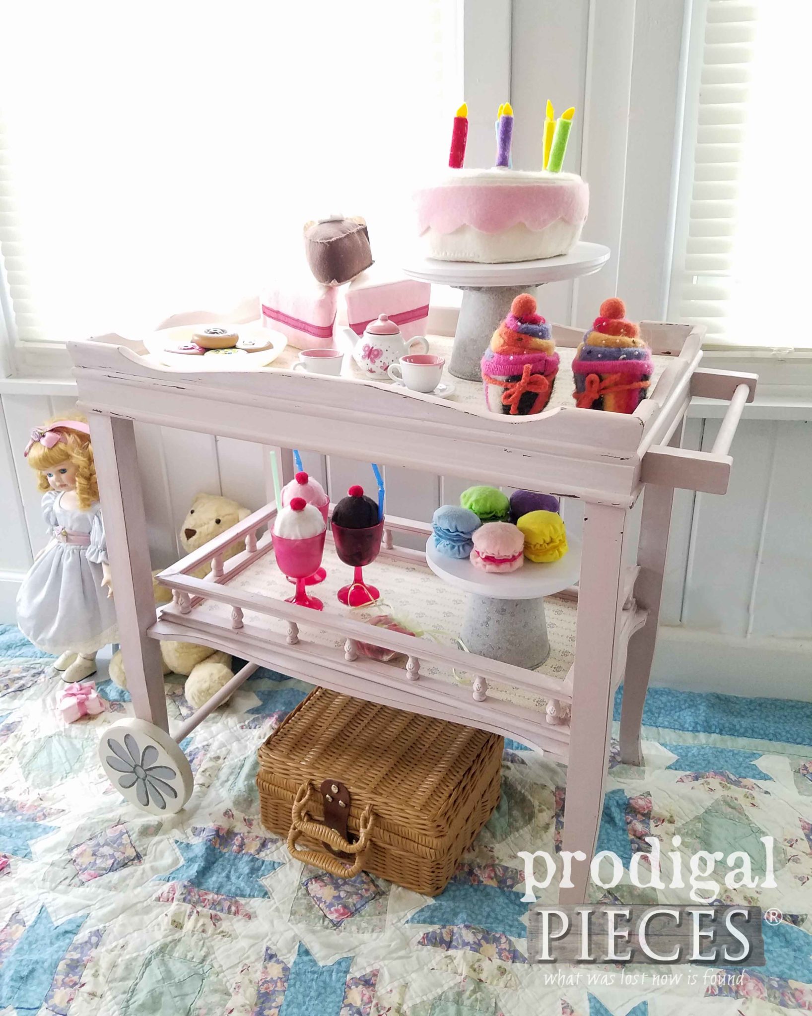 Sweet Pink Child's Tea Cart with Handmade Food and Accessories by Larissa of Prodigal Pieces | prodigalpieces.com