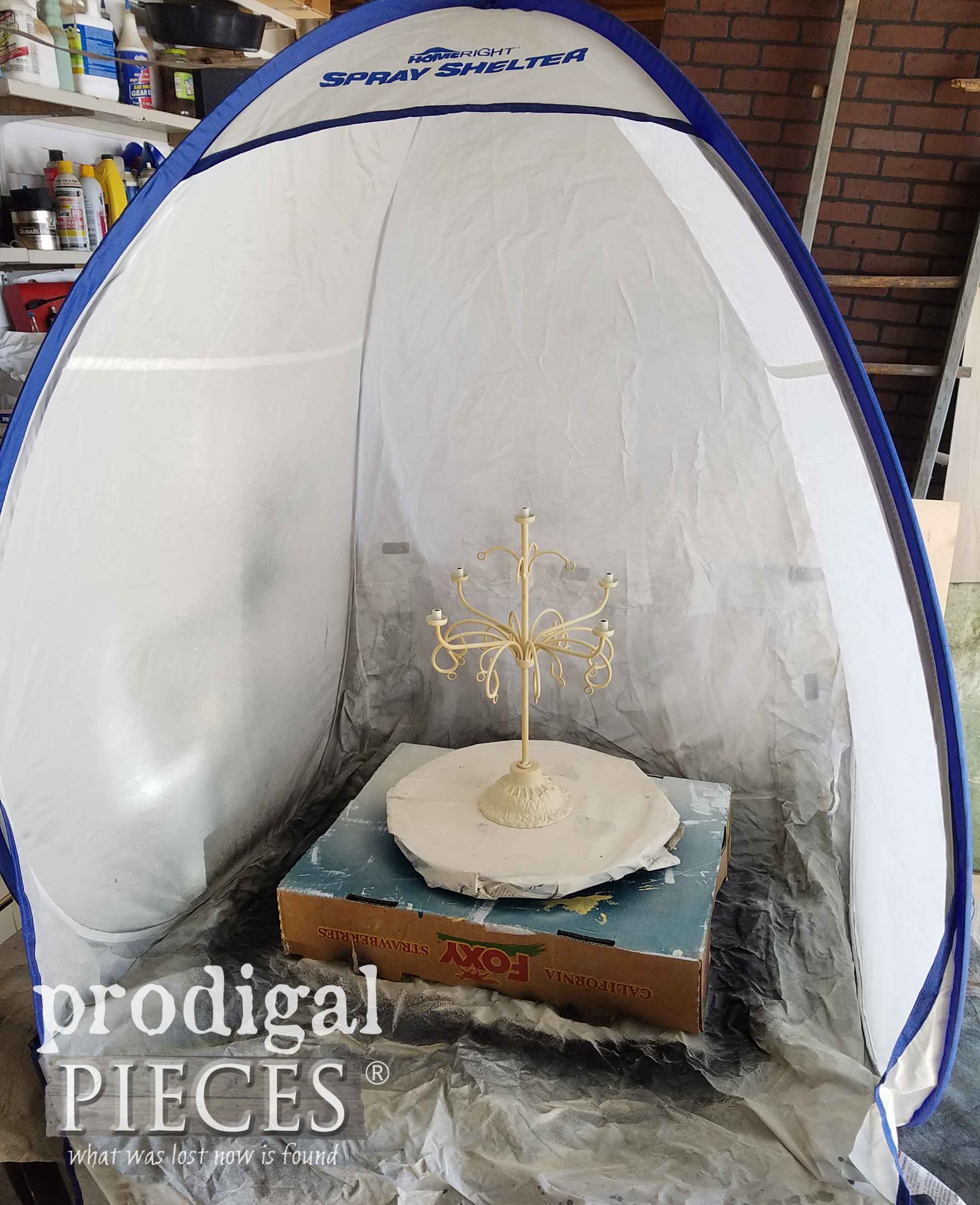 Using HomeRight Small Spray Shelter to Paint Thrifted Candelabras | prodigalpieces.com
