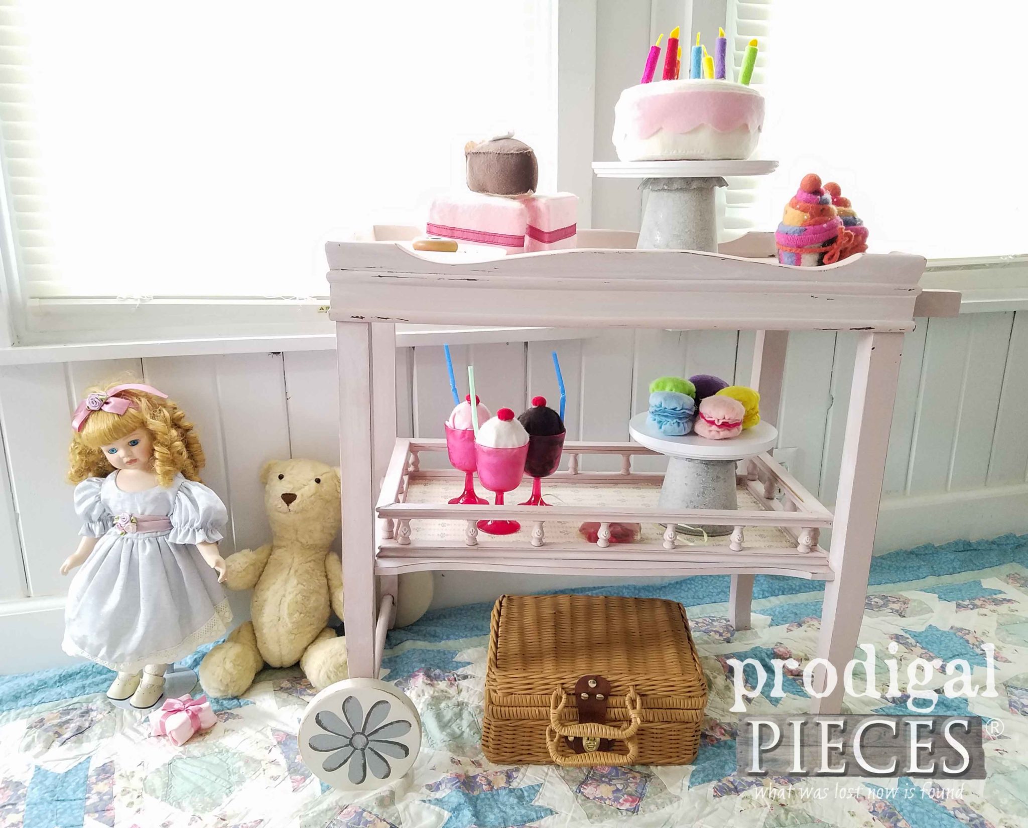 How sweet! This vintage side table was repurposed into a little tea cart for tea party time. See the details at Prodigal Pieces | prodigalpieces.com