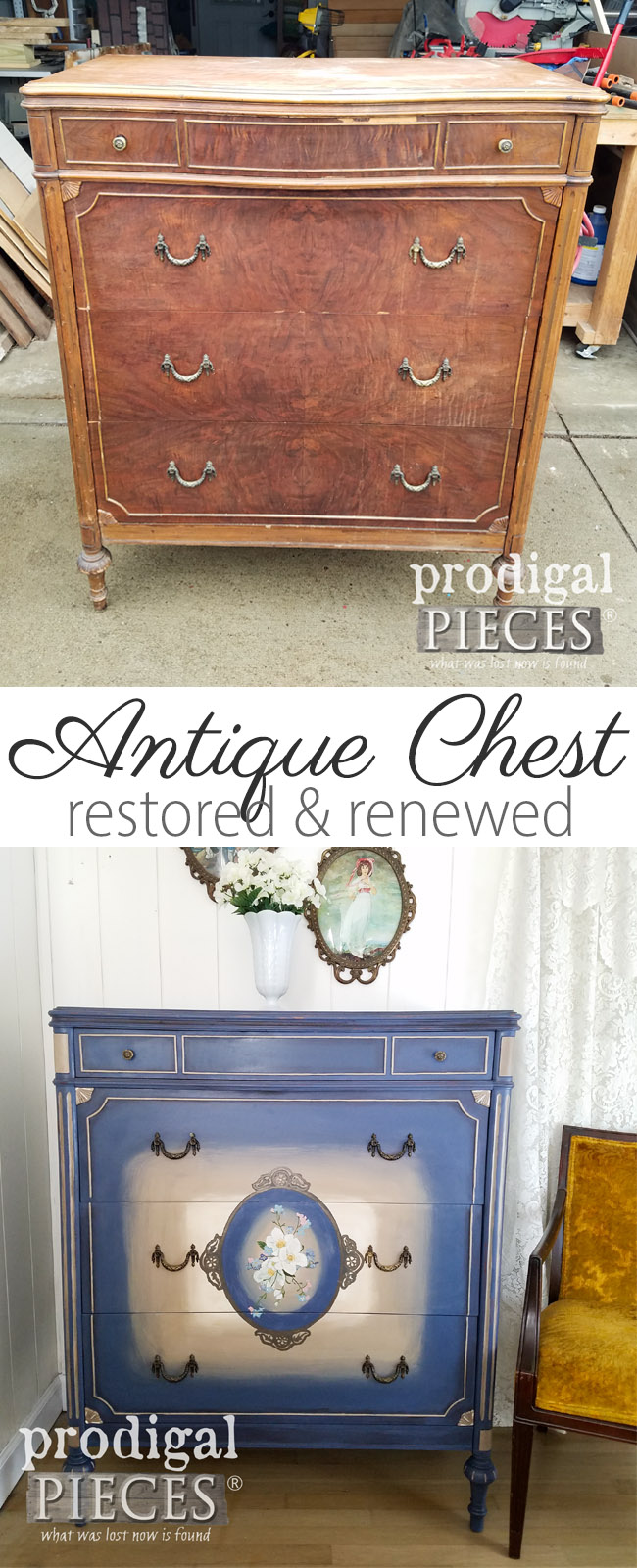From worn and weary, this antique chest of drawers got the makeover of a lifetime. Hand-painted details and restoration techniques demonstrated by Larissa of Prodigal Pieces | prodigalpieces.com