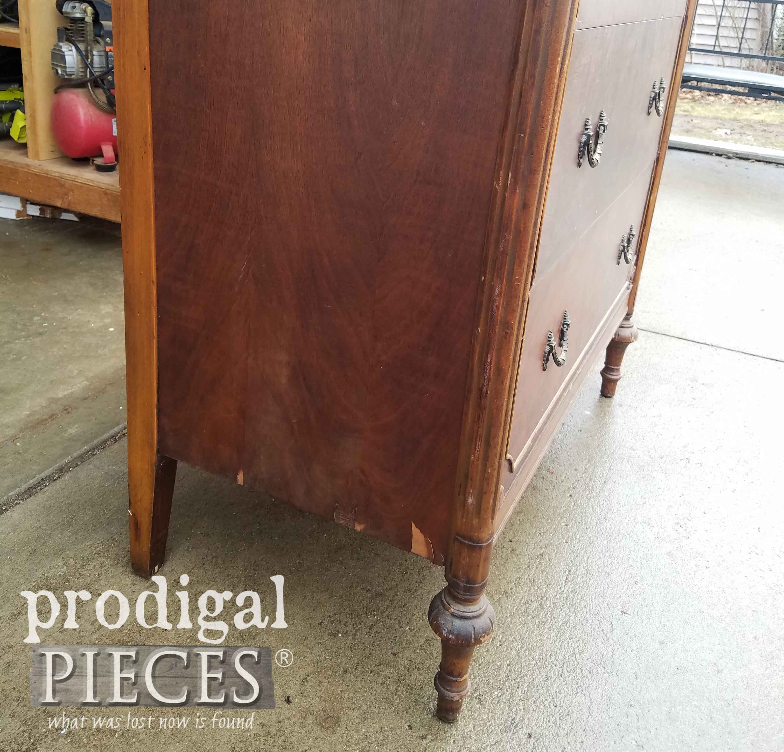 Damaged Antique Chest of Drawers Side with Peeling Veneer | prodigalpieces.com