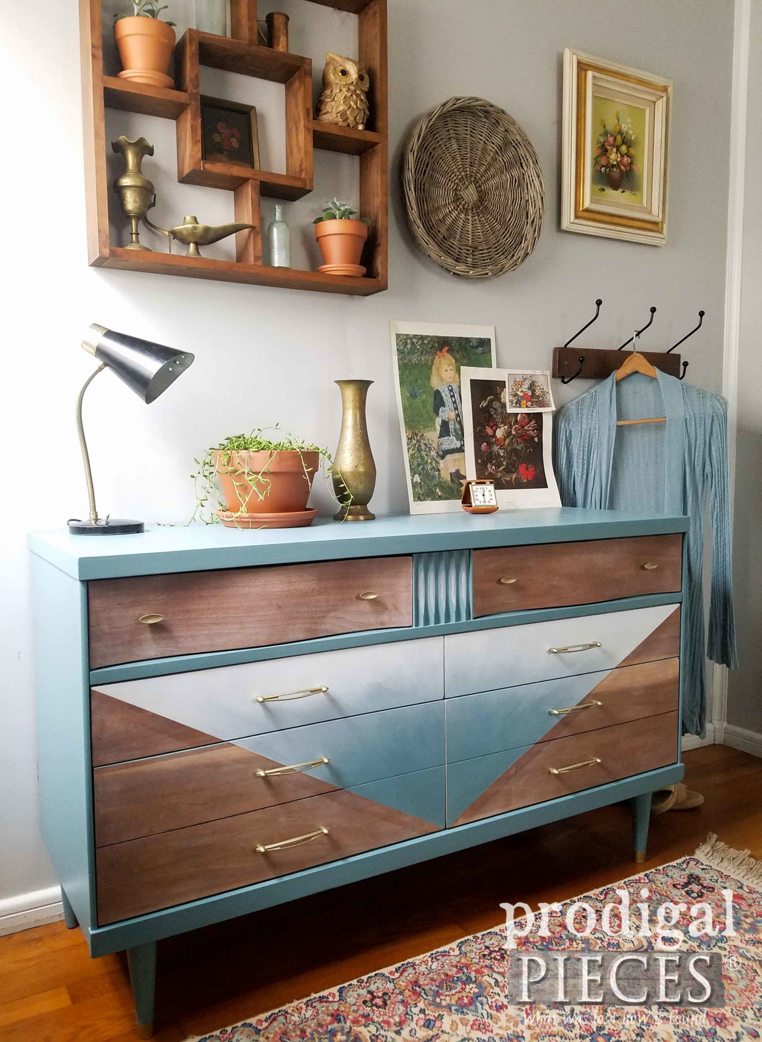 Blue Ombre Mid Century Modern Dresser with Boho Style by Larissa of Prodigal Pieces | prodigalpieces.com
