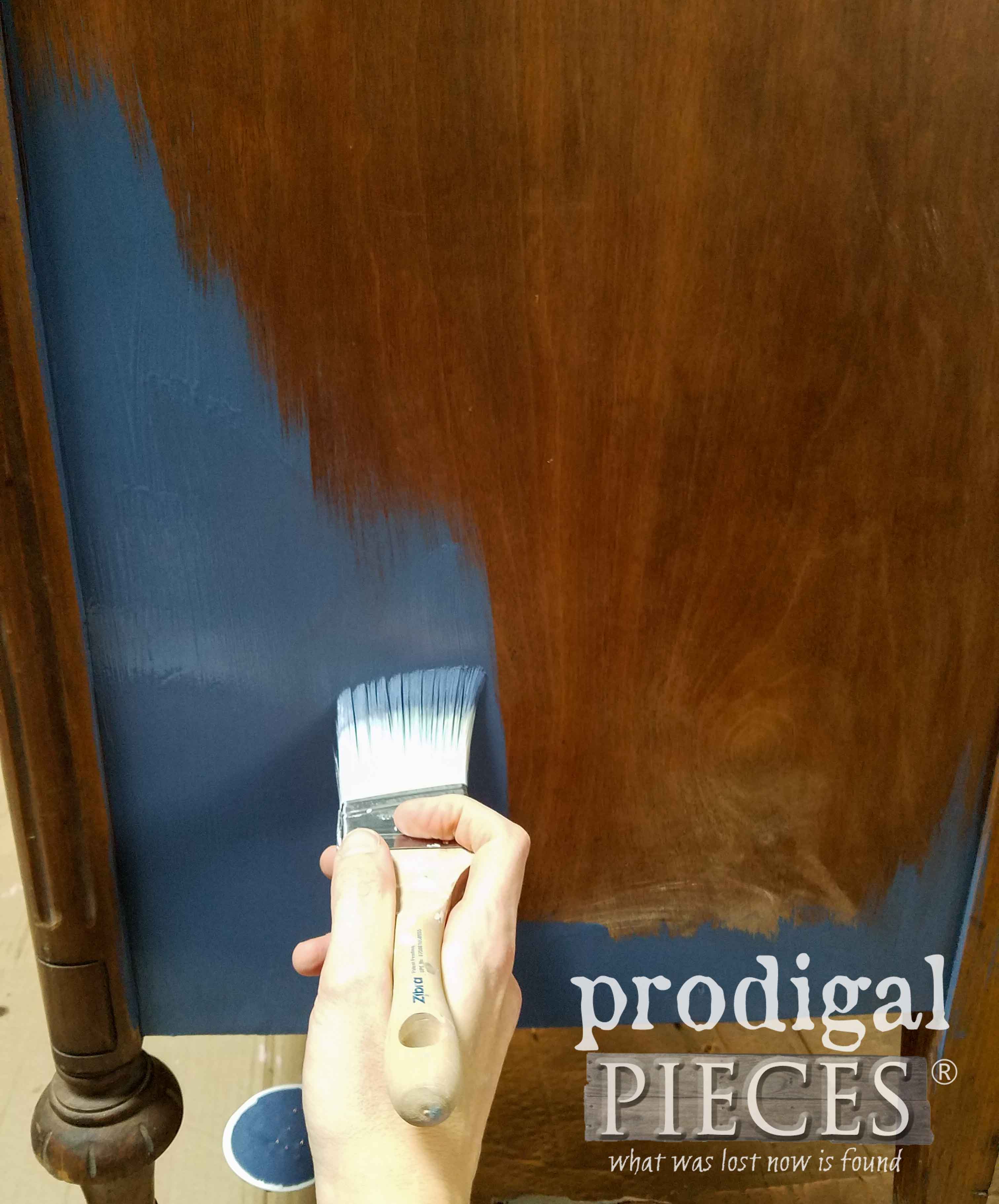 Painting First Coat of Yankee Blue on Antique Chest of Drawers | prodigalpieces.com