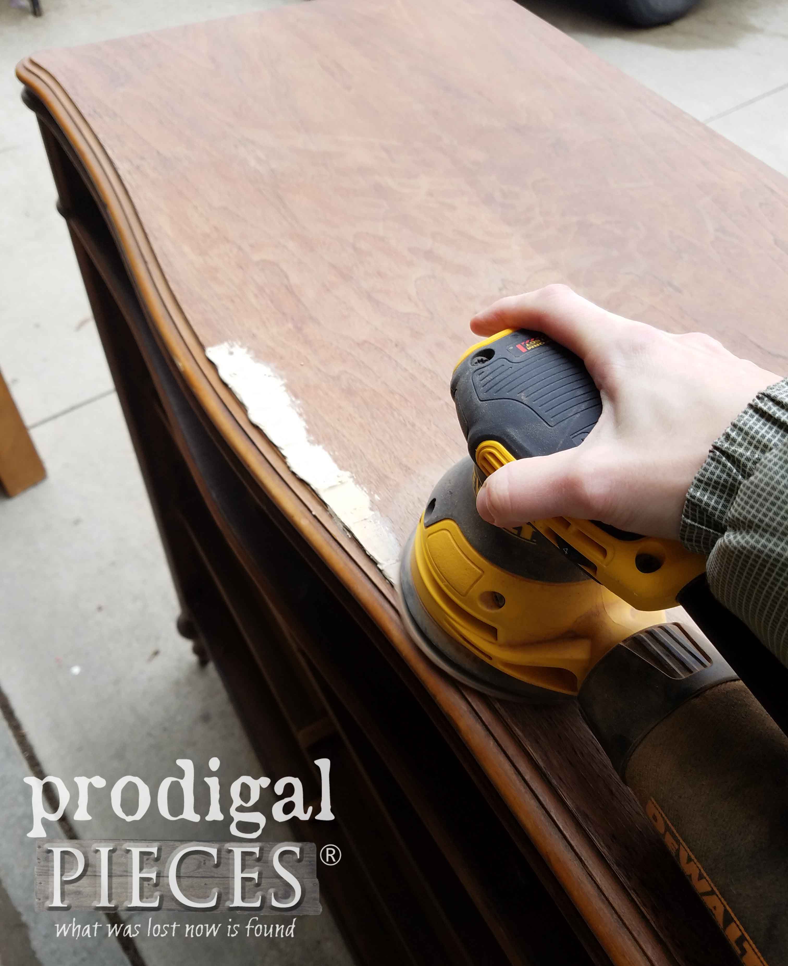 Sanding Chest Top with Damaged Veneer | prodigalpieces.com