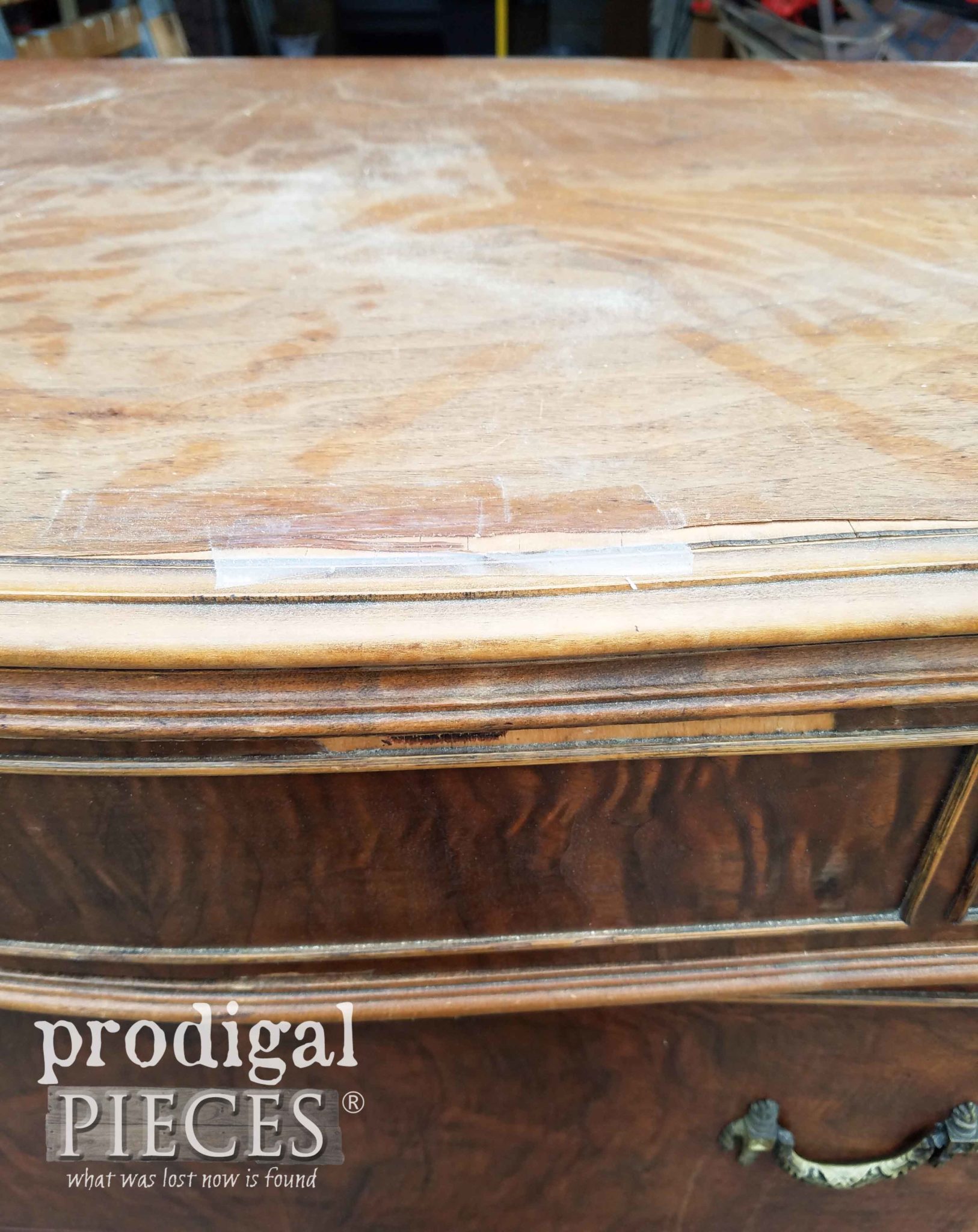 Taped Damaged Veneer on Antique Chest of Drawers | prodiglapieces.com